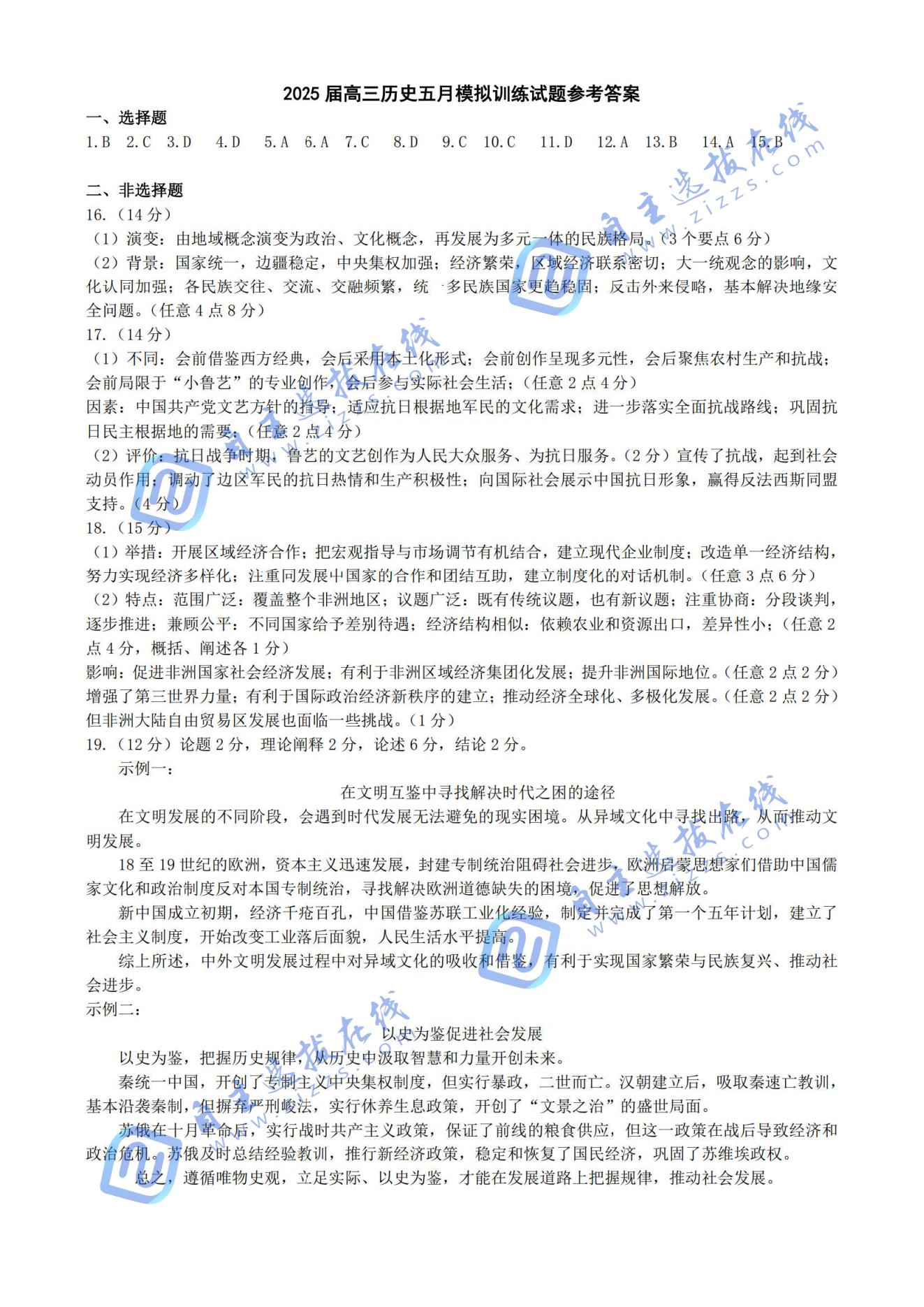 湖北武汉2025届高三五月模拟训练历史试题及答案