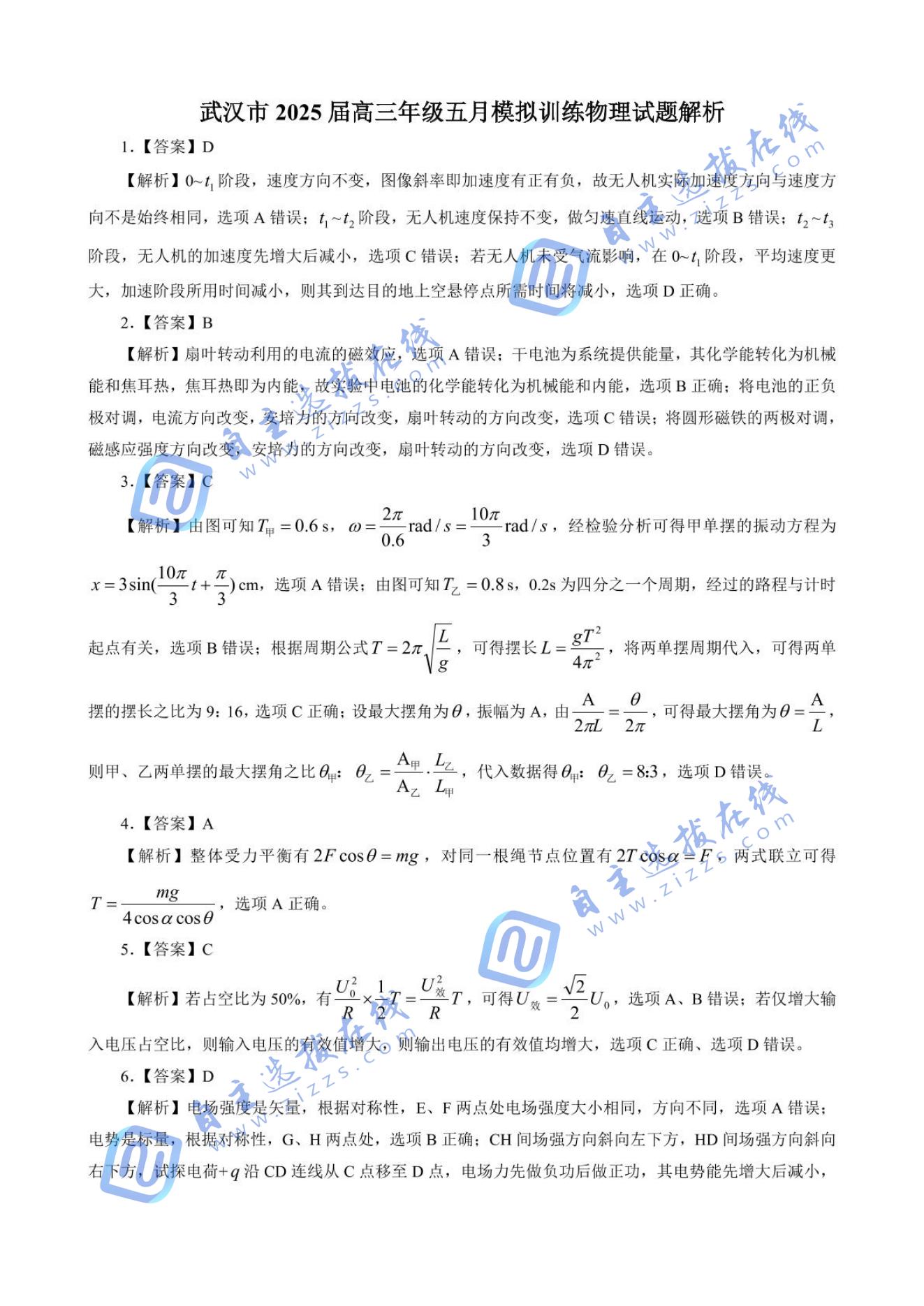 湖北武汉2025届高三五月模拟训练物理试题及答案