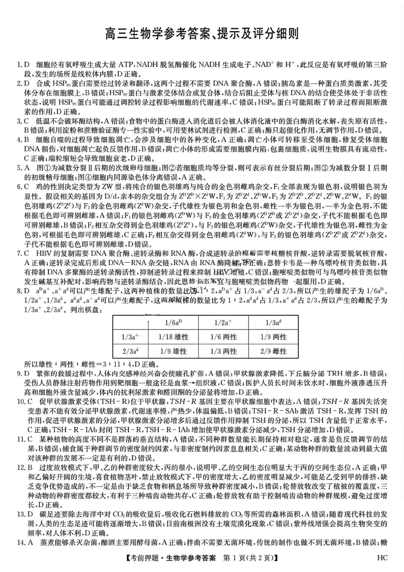 九师联盟2025届高三5月考前冲刺联考一生物试题及答案