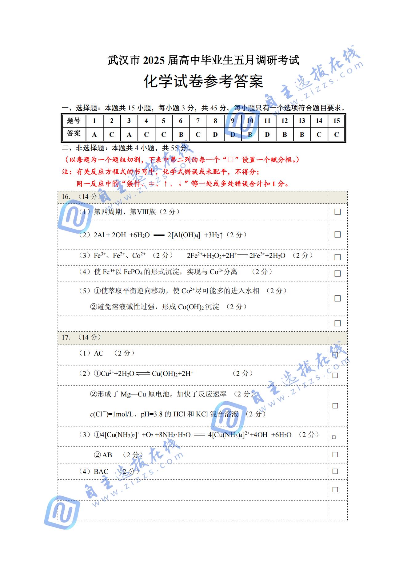 湖北武汉2025届高三五月模拟训练化学试题及答案