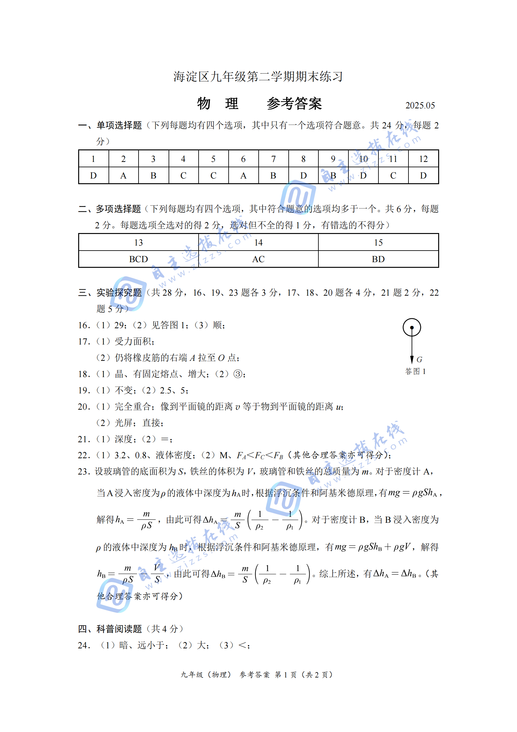 海淀区2025年初三二模物理试题及答案