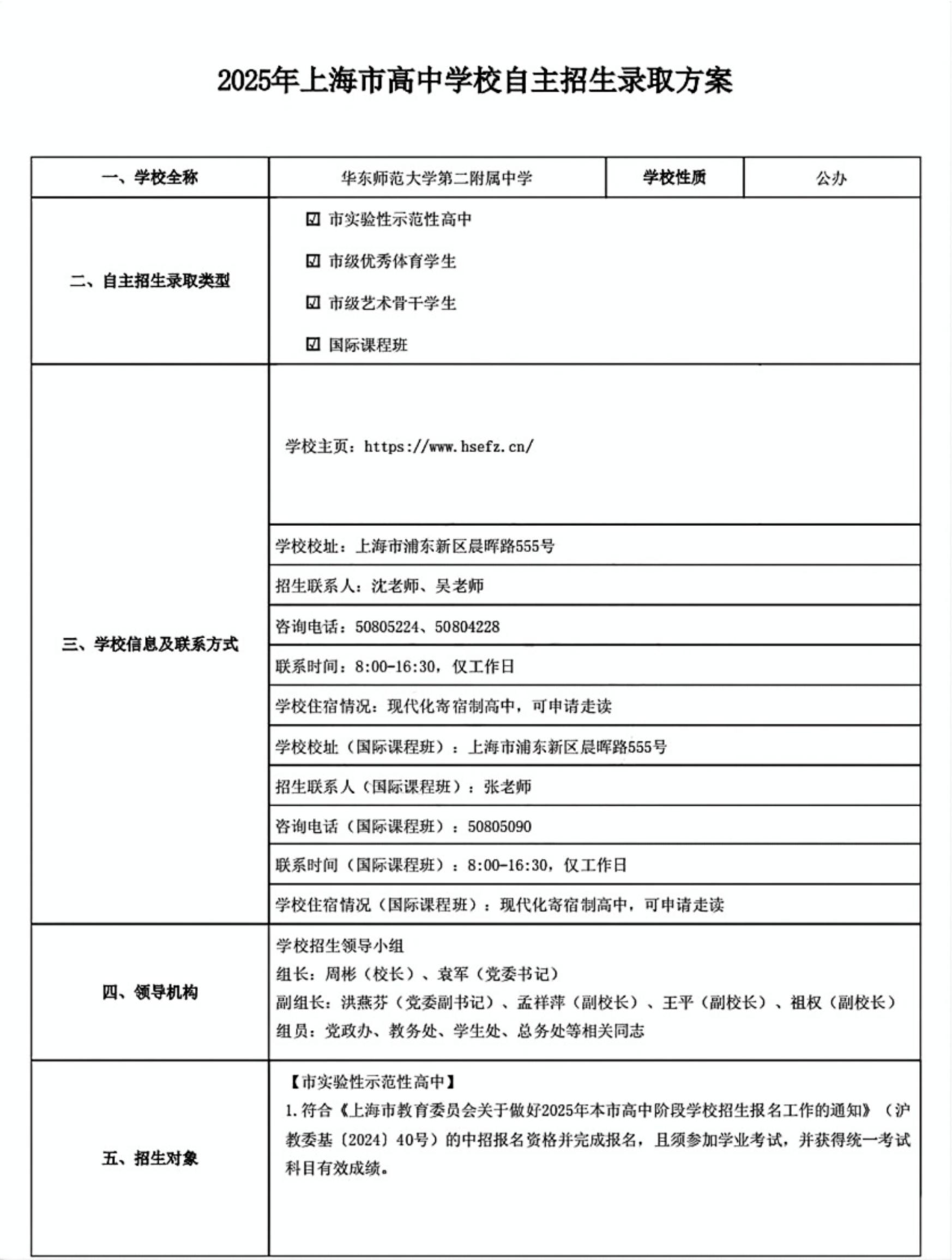 2025年华东师范大学第二附属中学自主招生录取方案