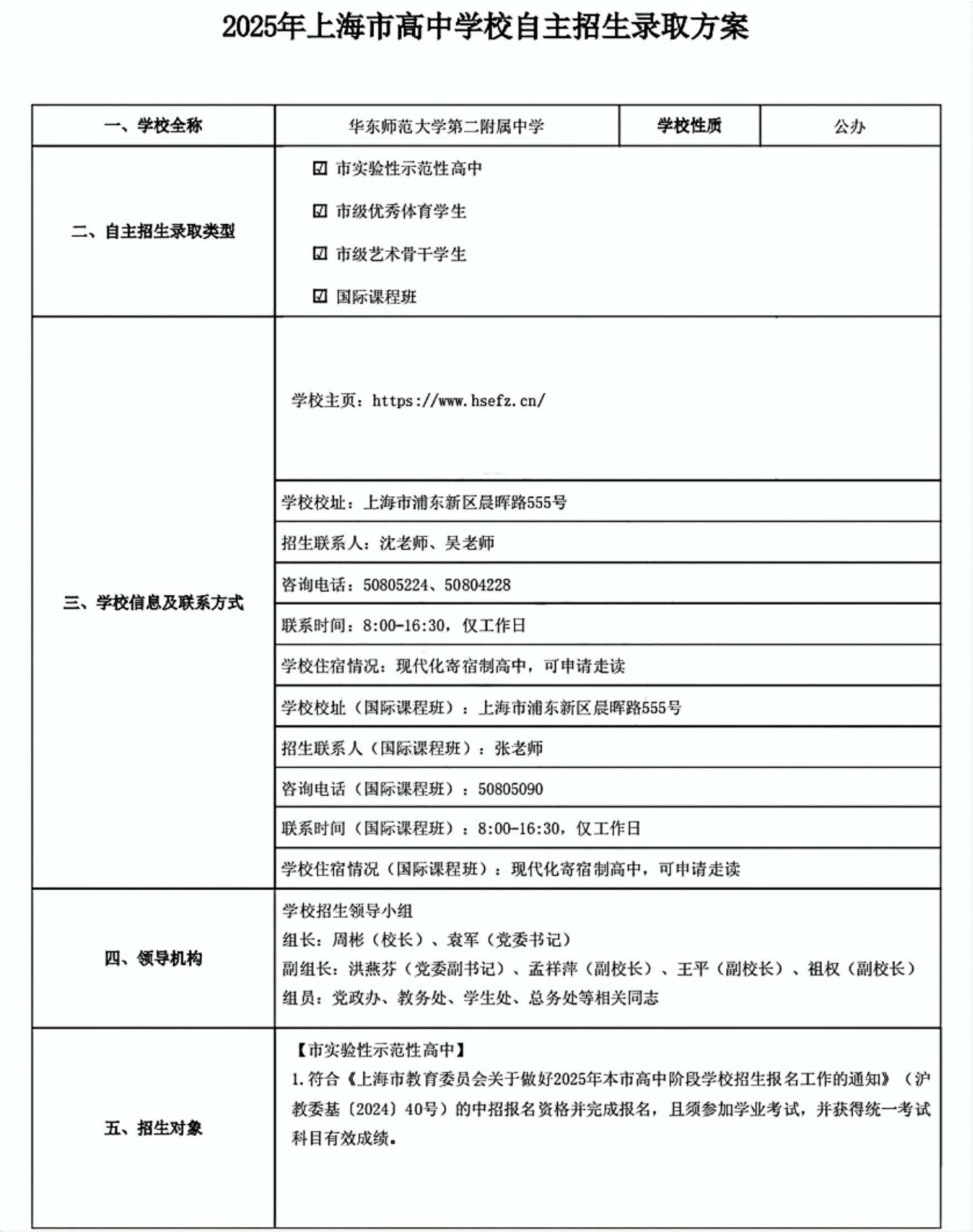 2025年华东师范大学第二附属中学自主招生录取方案