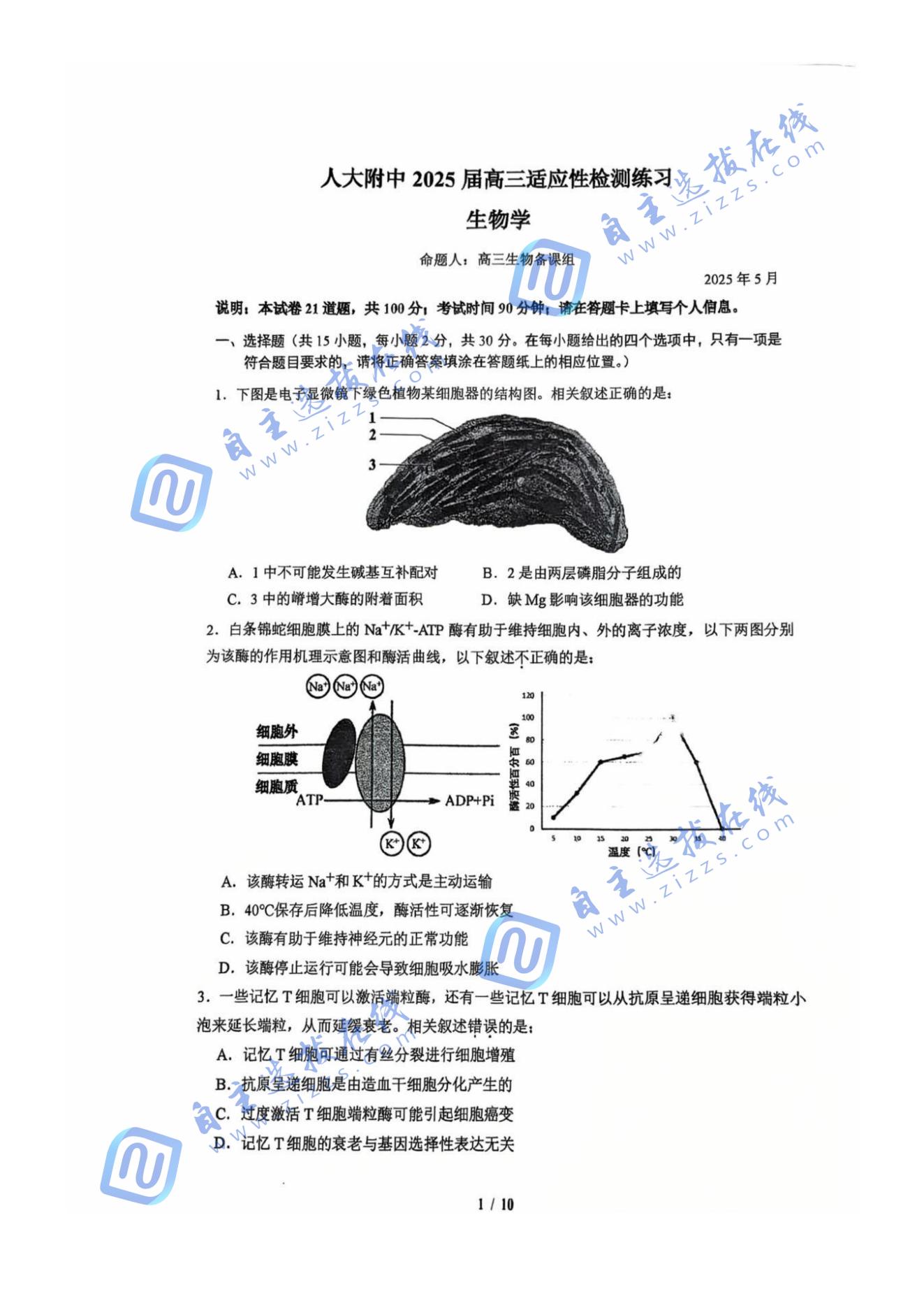 北京海淀人大附中2025届高三三模生物试题及答案