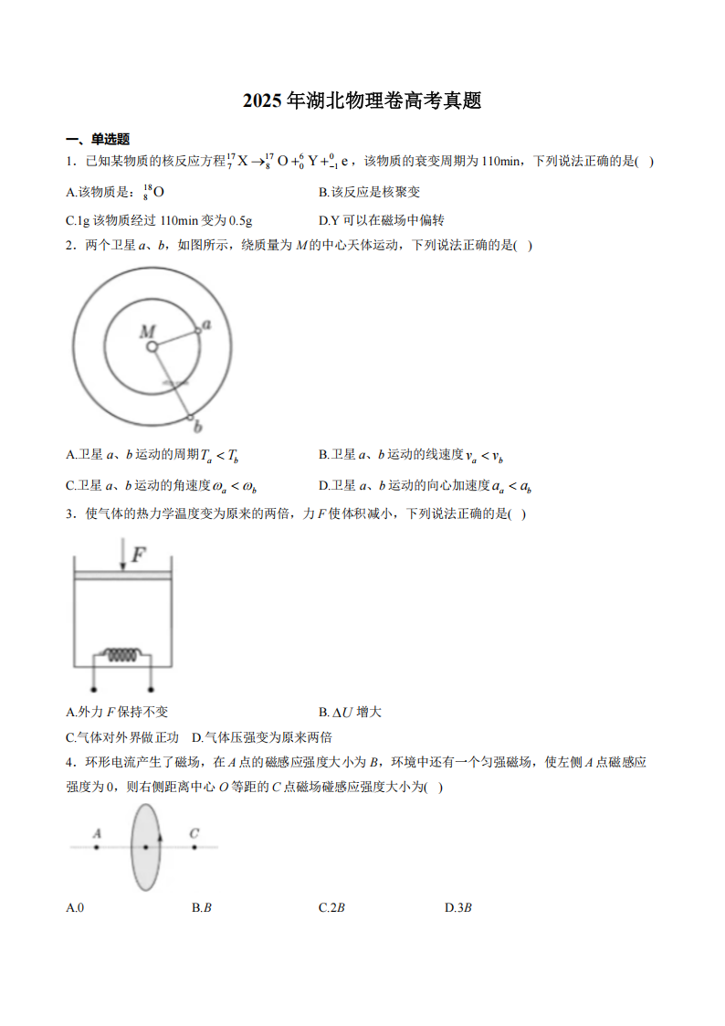 2025年高考湖北省高考物理试题（网络版）