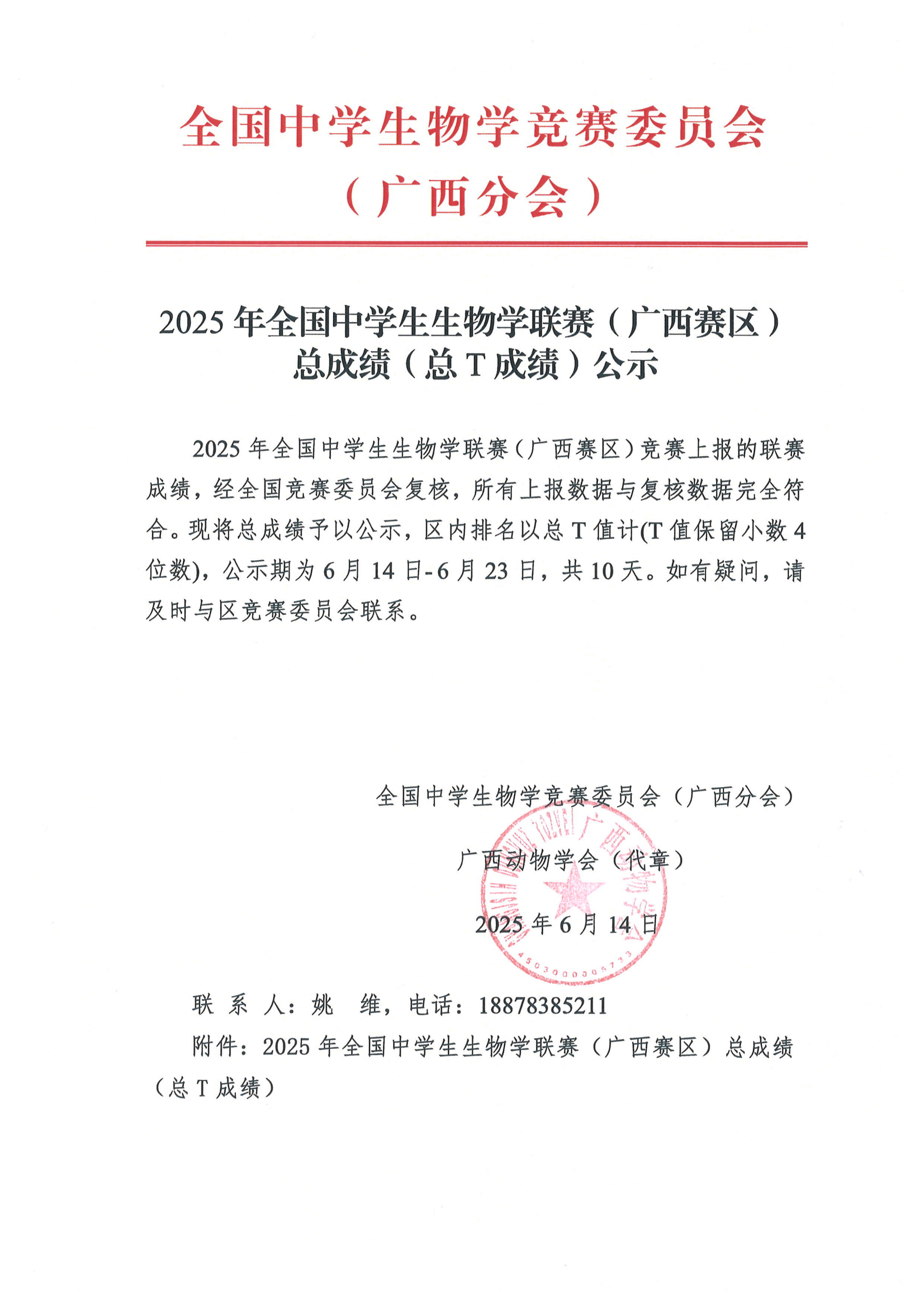 2025年全国中学生生物学联赛（广西赛区）总成绩