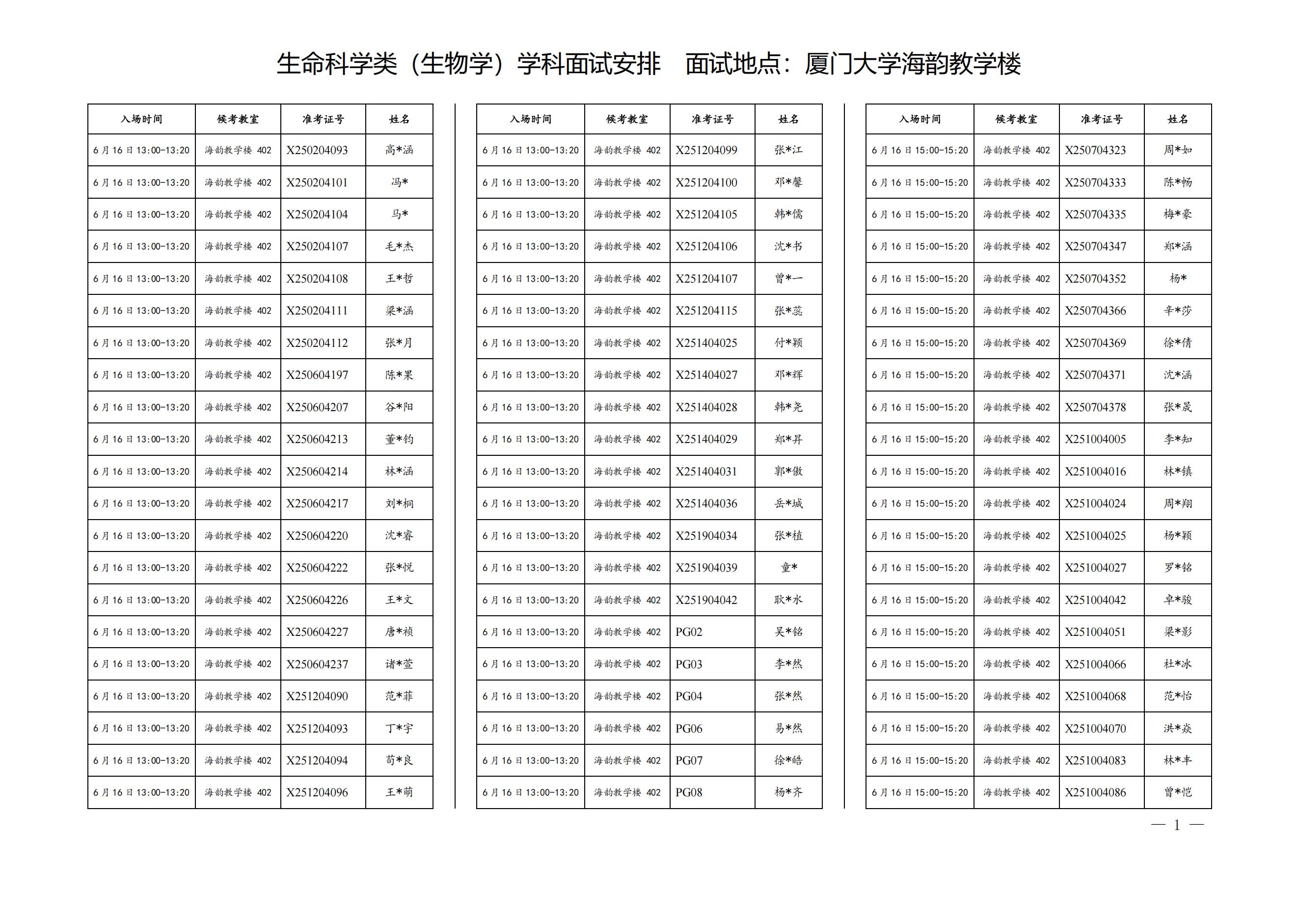 厦门大学2025年强基计划招生考试复试生物科学类（生物学）面试安排