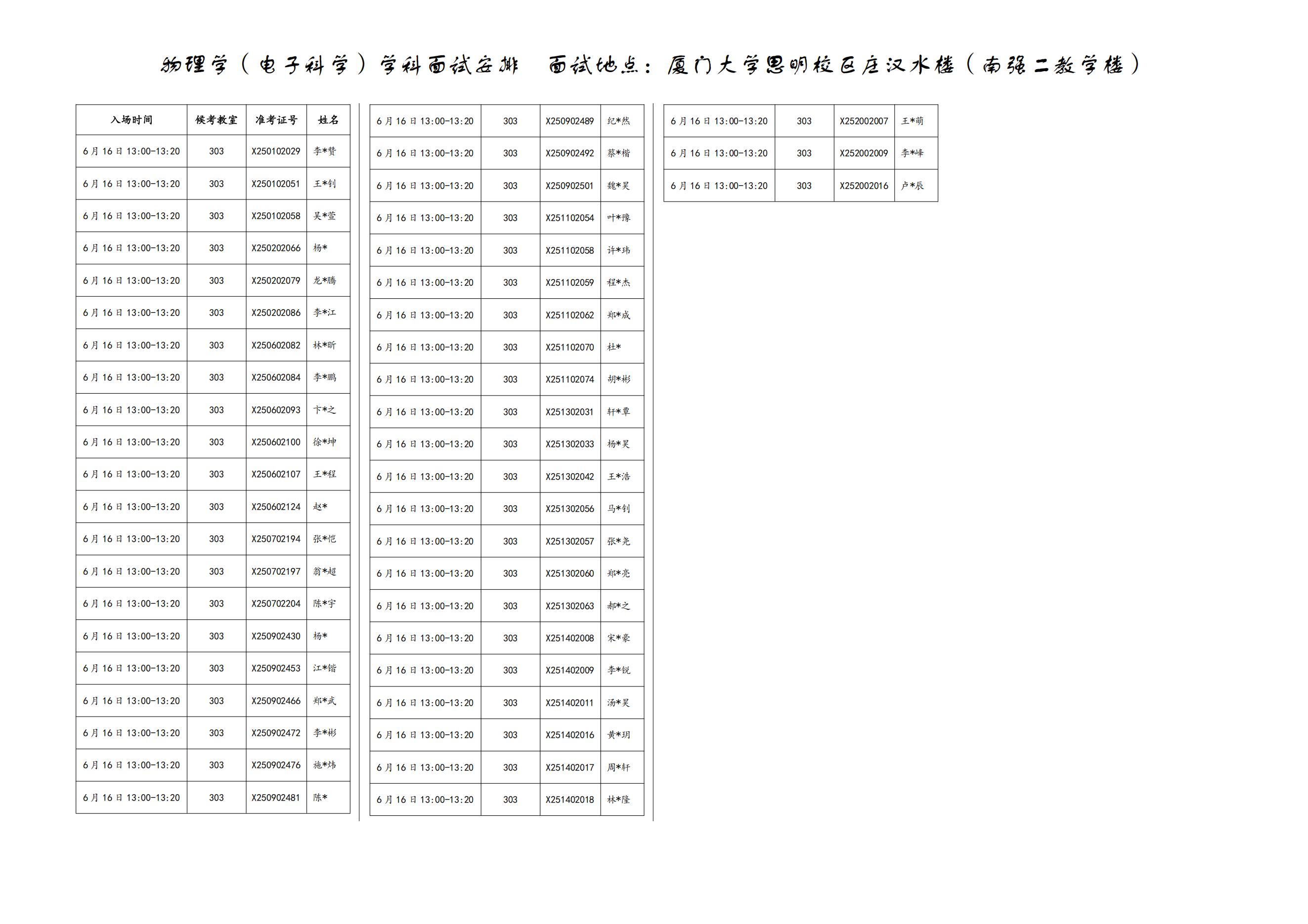 厦门大学2025年强基计划招生考试复试物理学（电子科学）面试安排