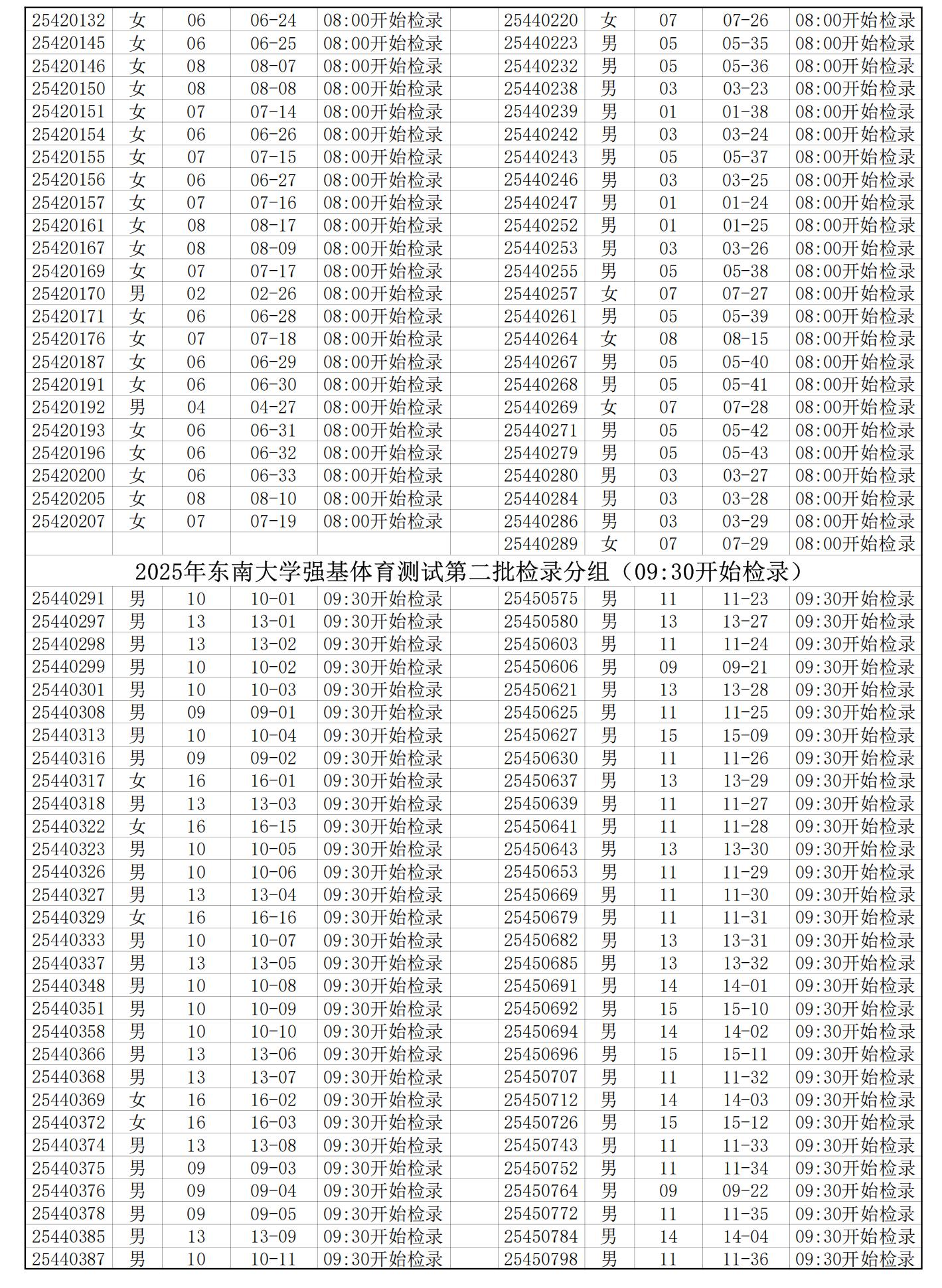 2025年东南大学强基计划体育测试检录分组