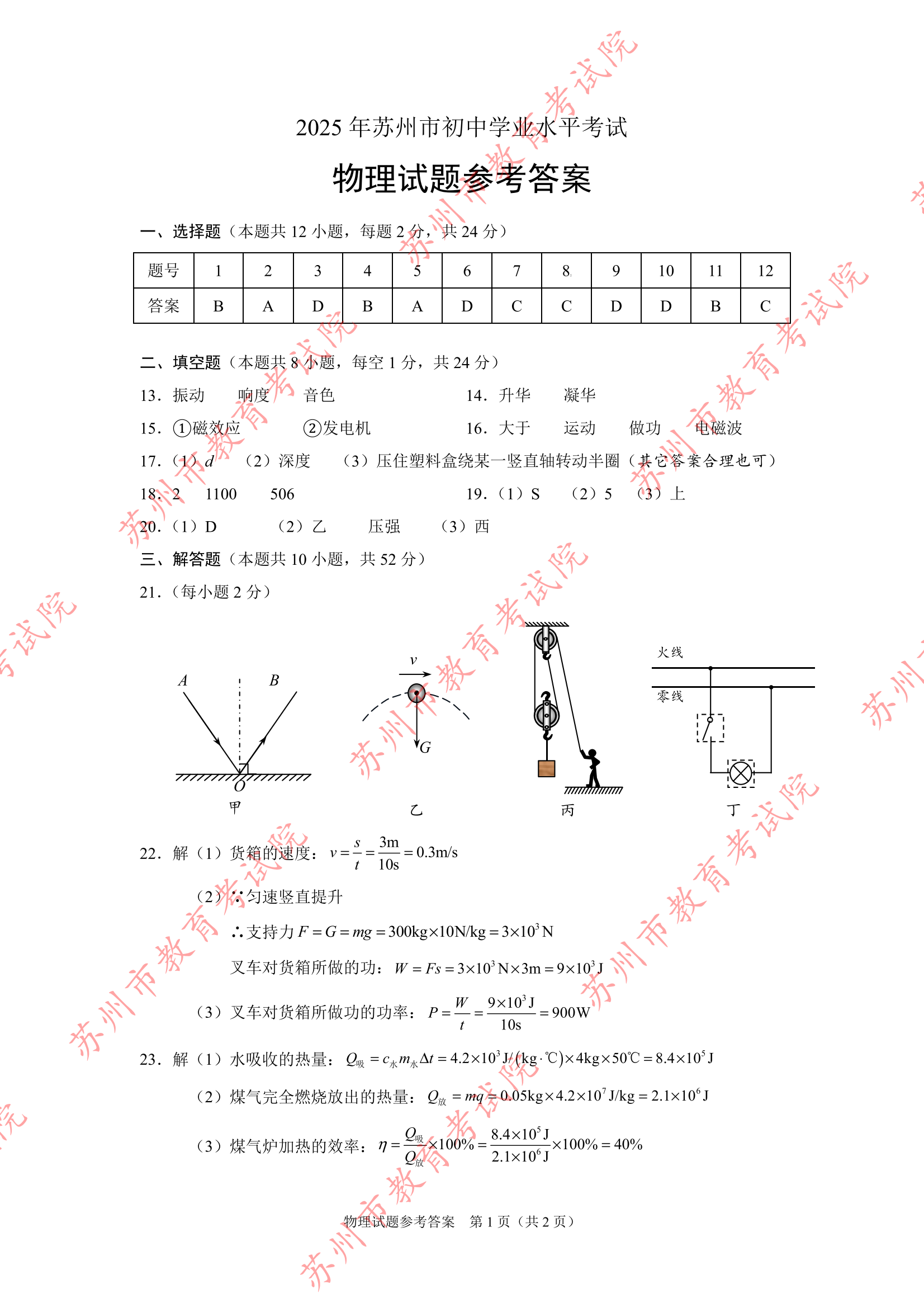 2025江苏苏州中考物理试题及答案（官方）