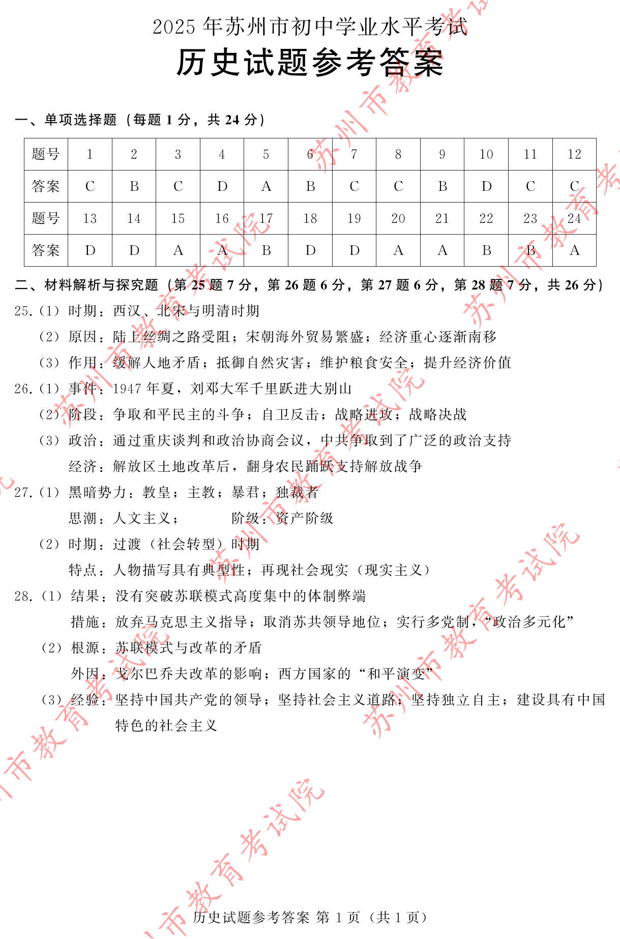 2025江苏苏州中考历史试题及答案（官方）