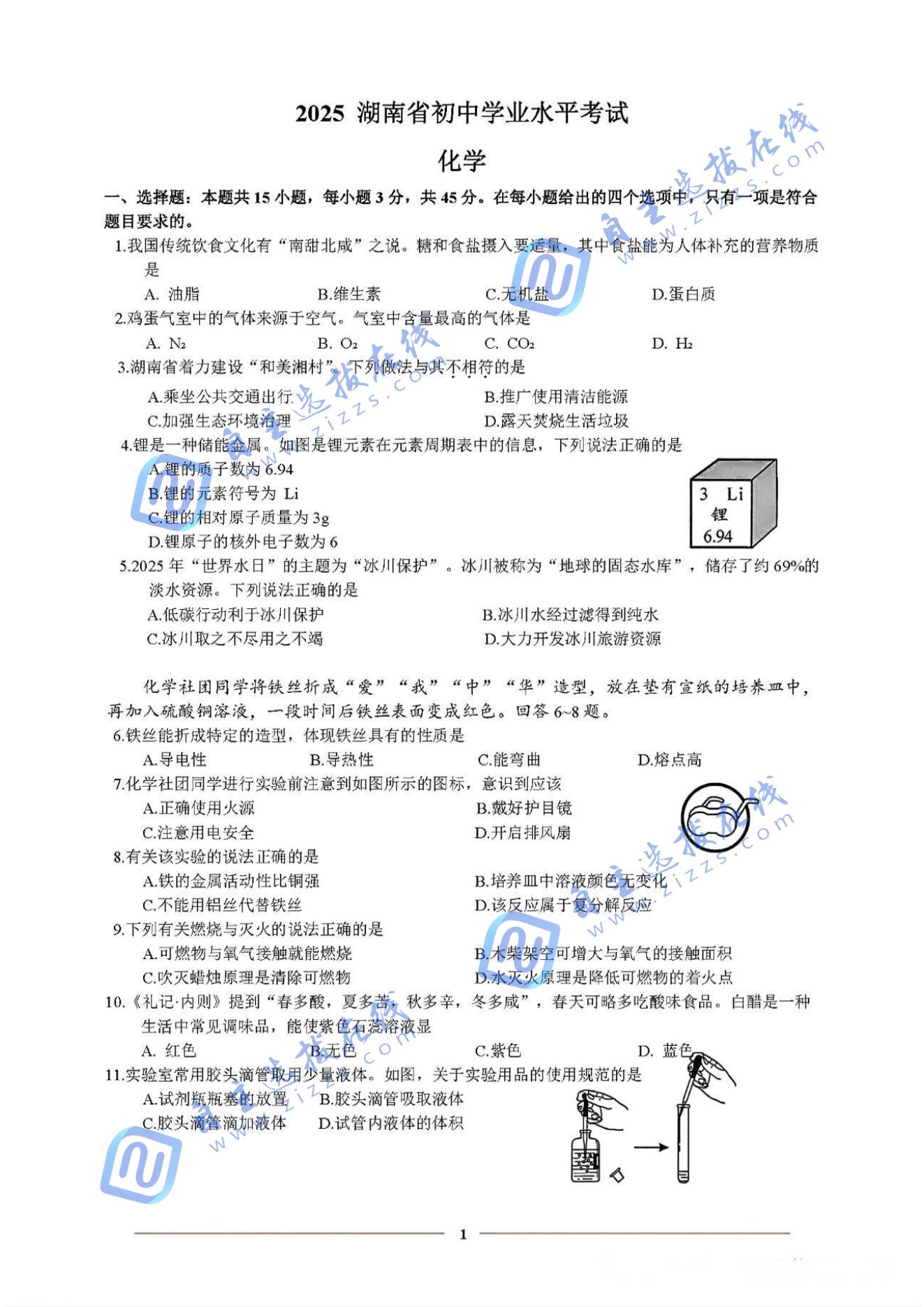 2025年湖南省中考化学试题及答案