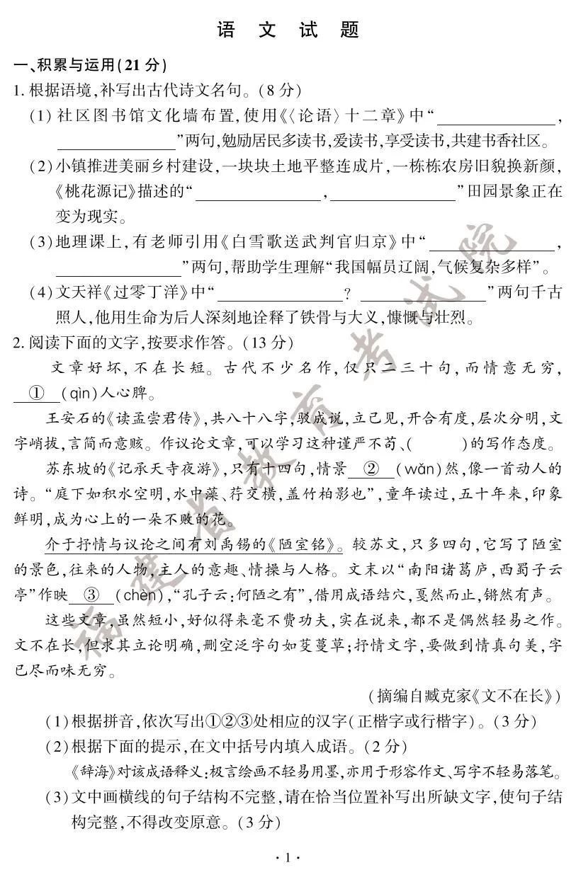 2025福建省中考语文试题及答案
