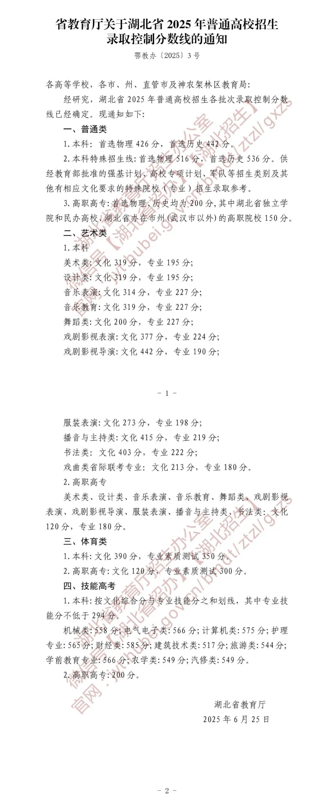 湖北省2025年高考招生录取控制分数线划定