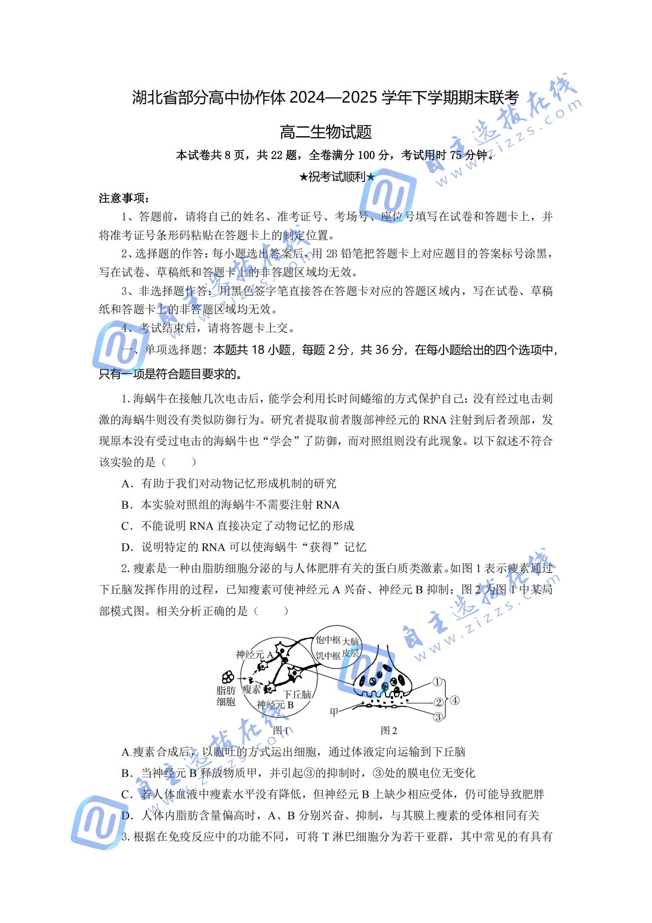 湖北省部分高中协作体2024-2025学年高二下期末生物试题及答案