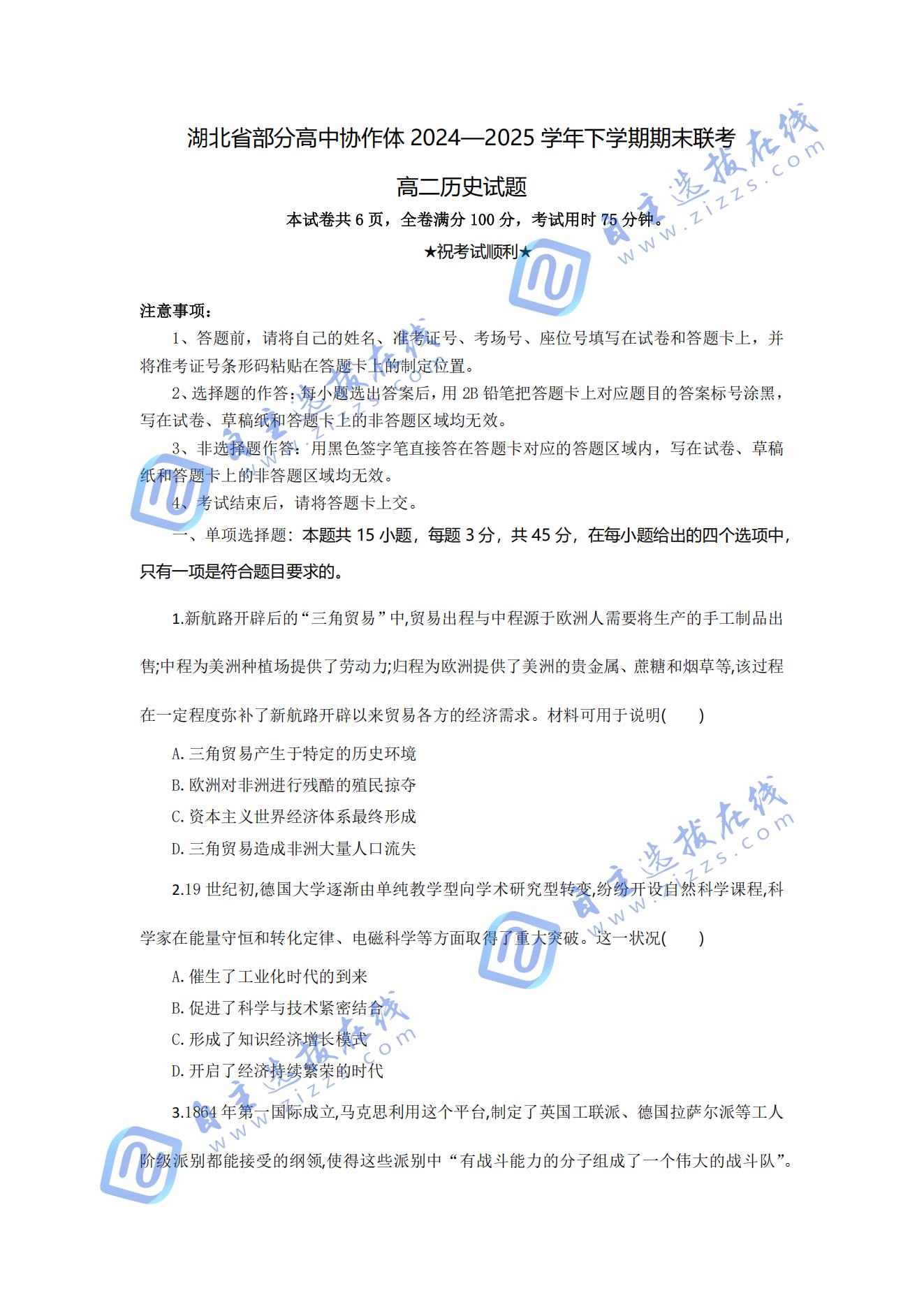 湖北省部分高中协作体2024-2025学年高二下期末历史试题及答案