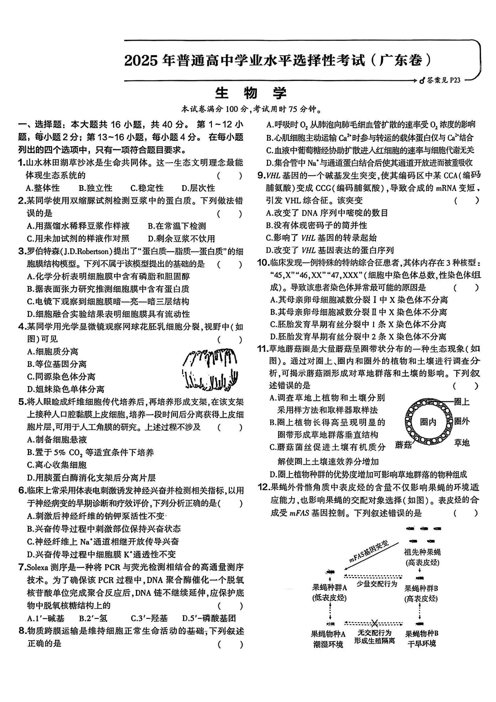 2025年广东高考生物试题及答案