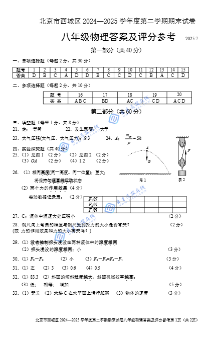 2025北京西城区初二下期末物理试题及答案