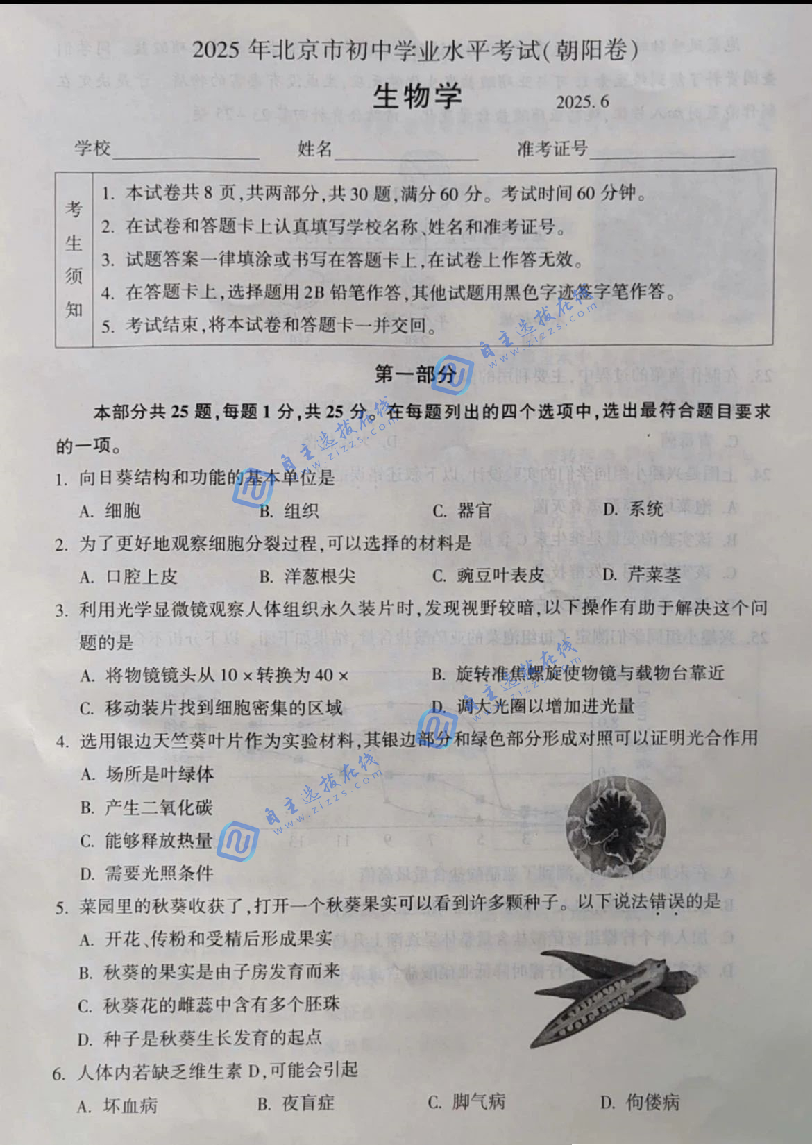 2025北京朝阳初中学业水平考试生物试卷及答案