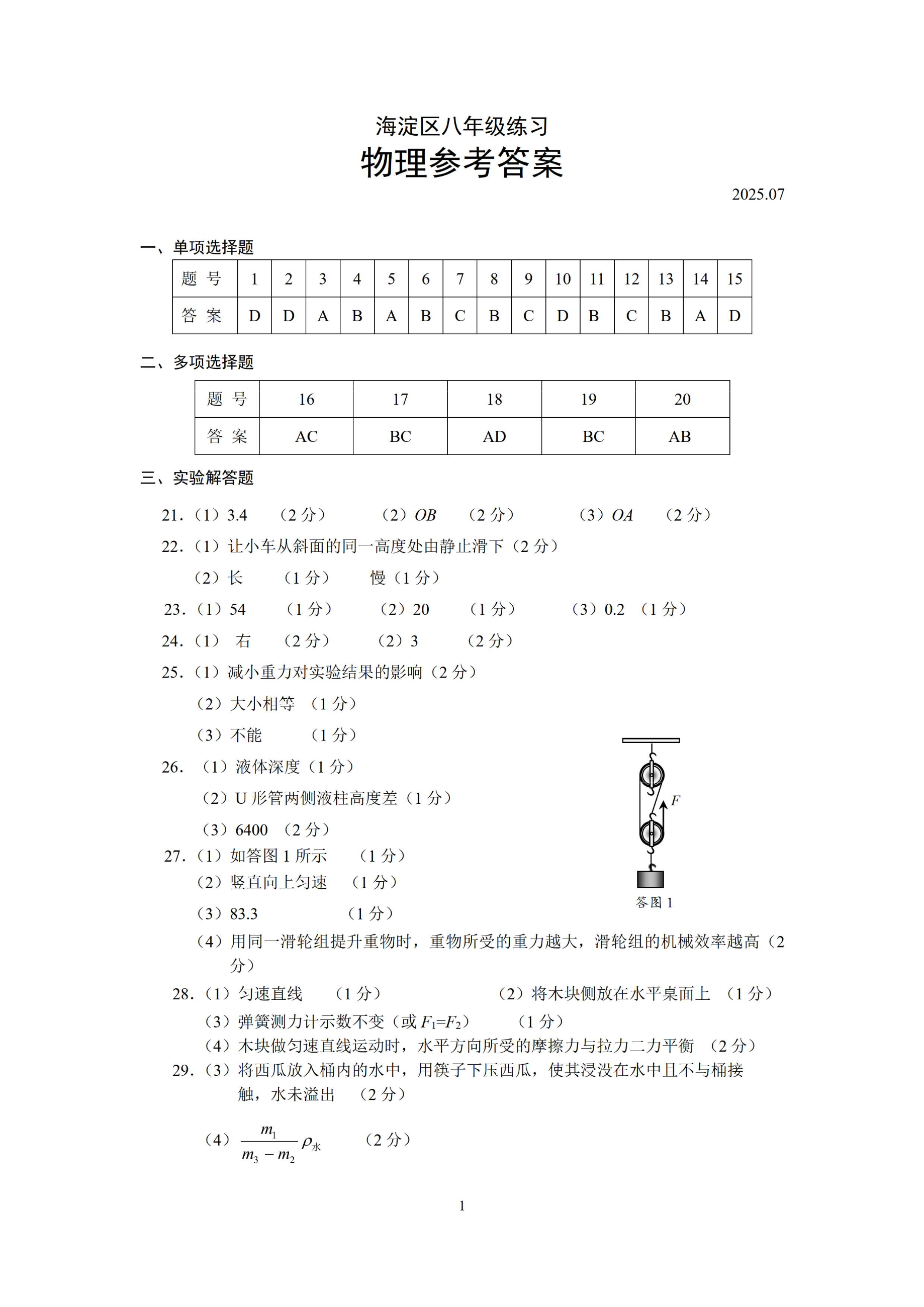 2025北京海淀区初二下期末物理试题及答案