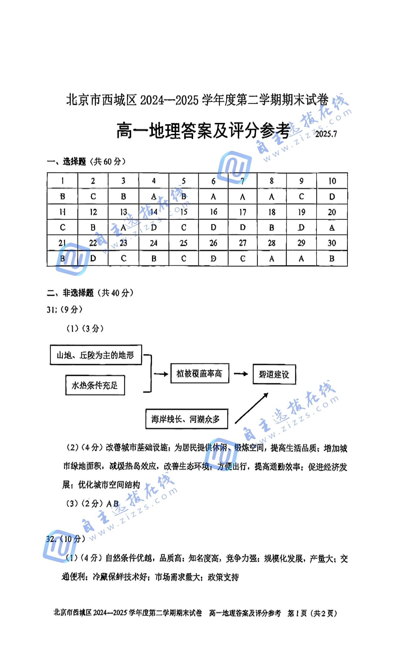2025北京市西城区高一下期末地理试题及答案