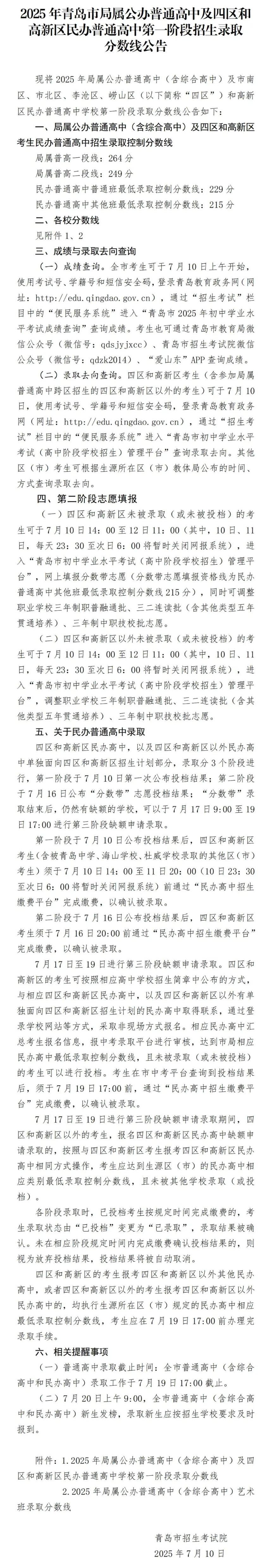 2025年青岛高中第一阶段招生录取分数线