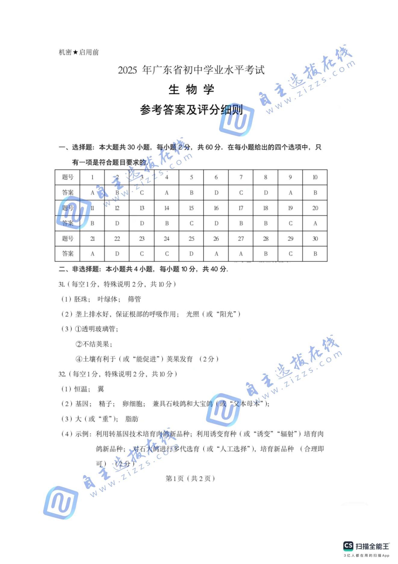2025广东中考生物试题及答案
