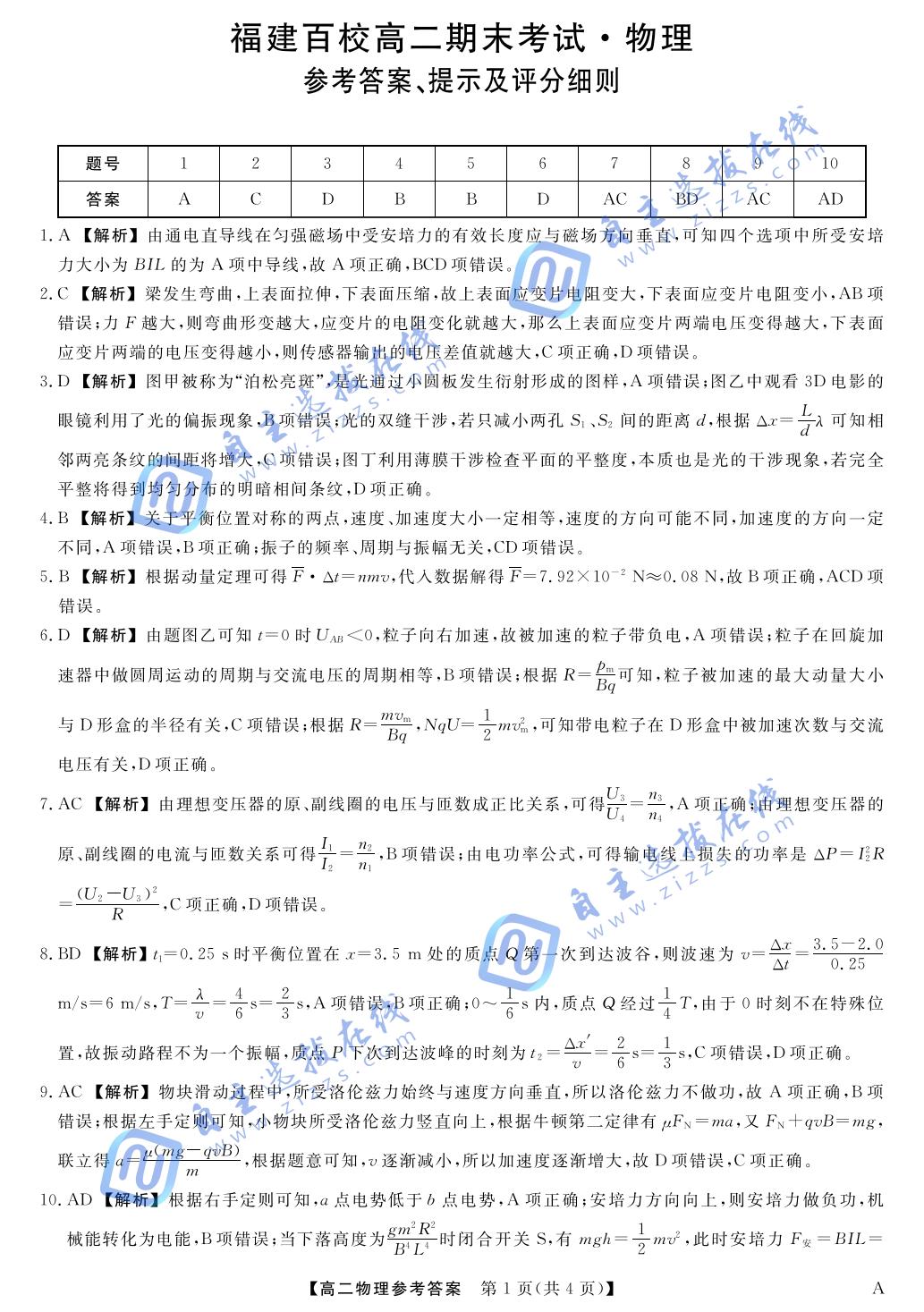福建省百校2024-2025学年高二下学期期末物理试题及答案