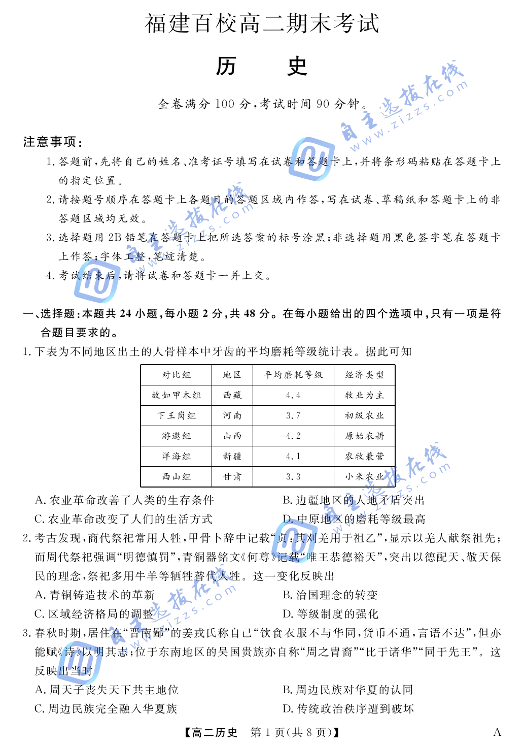 福建省百校2024-2025学年高二下学期期末历史试题及答案