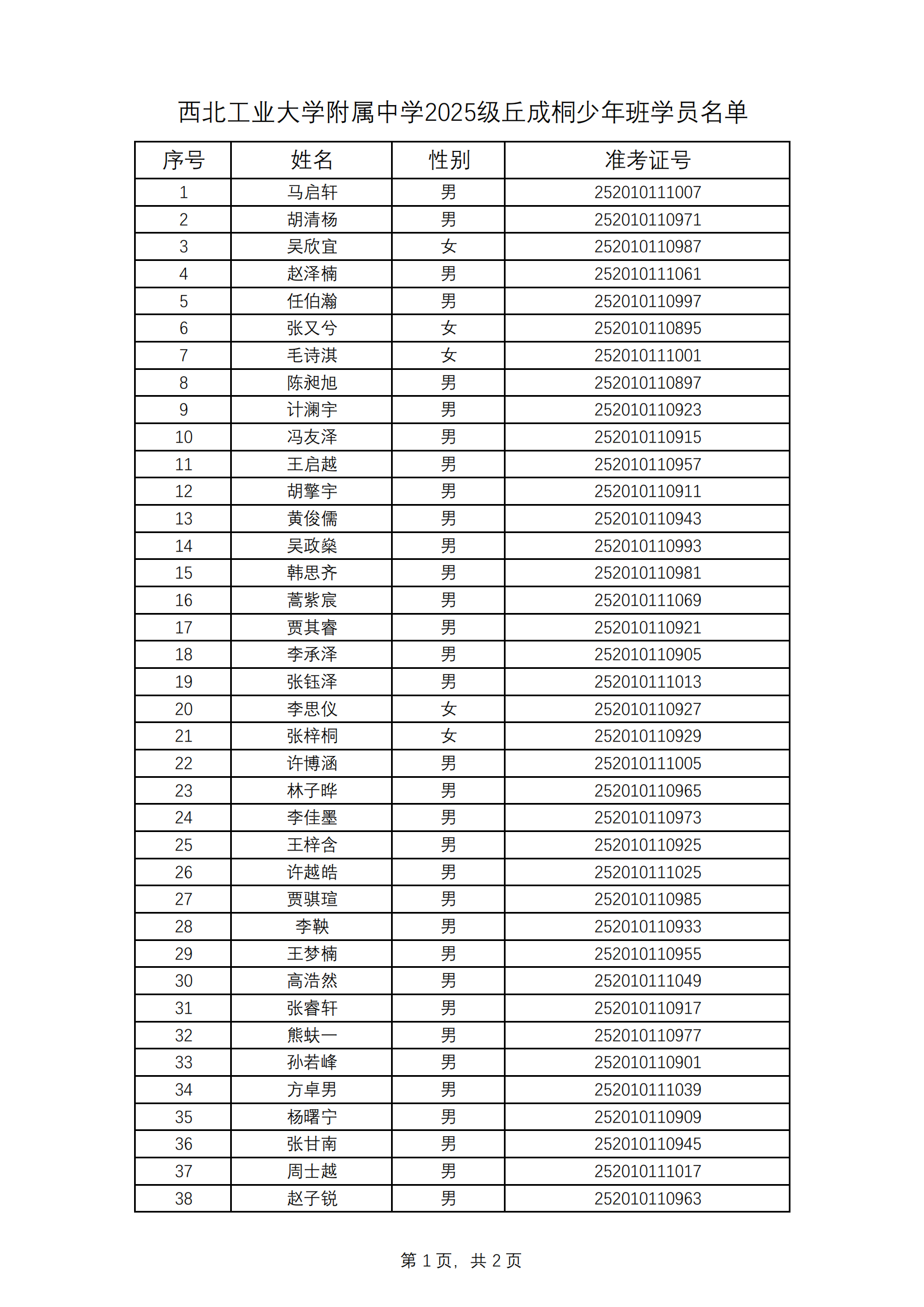 西北工业大学附属中学2025级丘成桐少年班学员名单