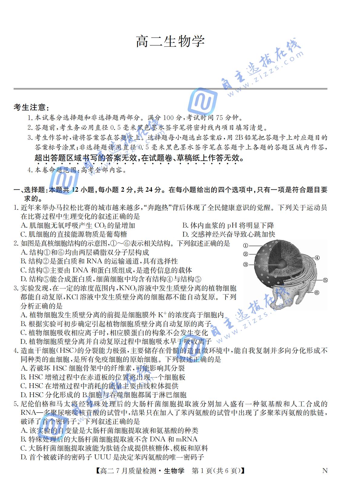 江西省九师联盟2024-2025学年高二下学期7月质量检测生物试题及答案