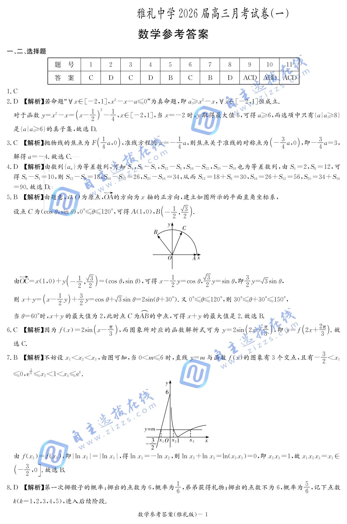 湖南雅礼中学2026届高三月考一数学试题及答案