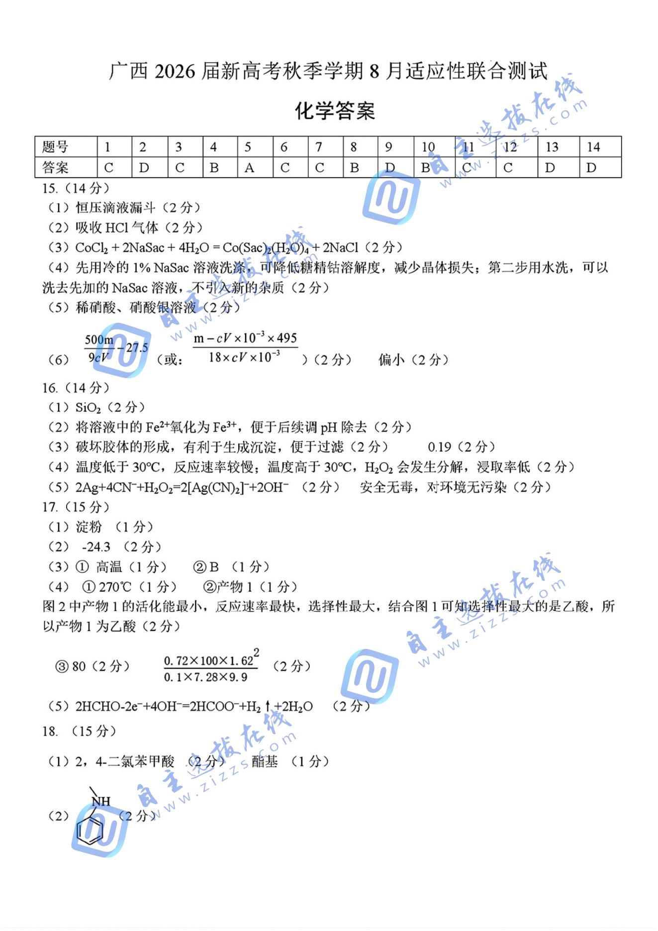 广西邕衡教育2026届高三8月联合调研测试化学试题及答案