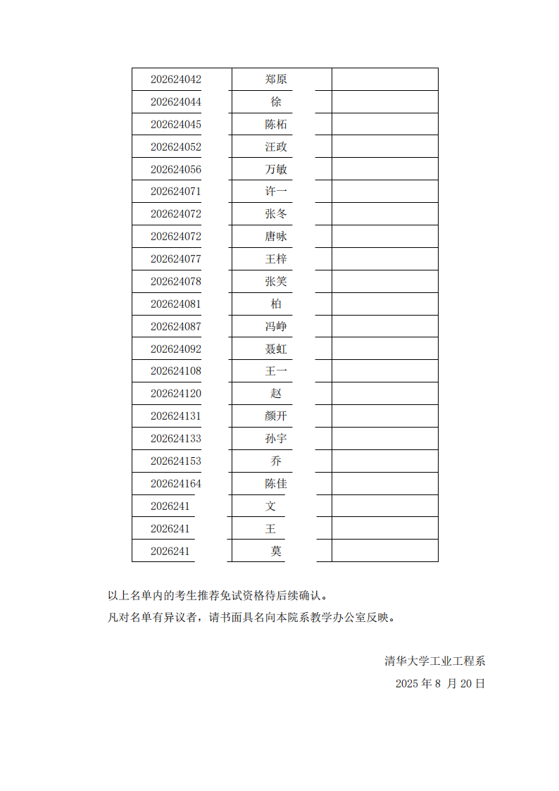清华大学工业工程系2026年年推免生生综合考核名单