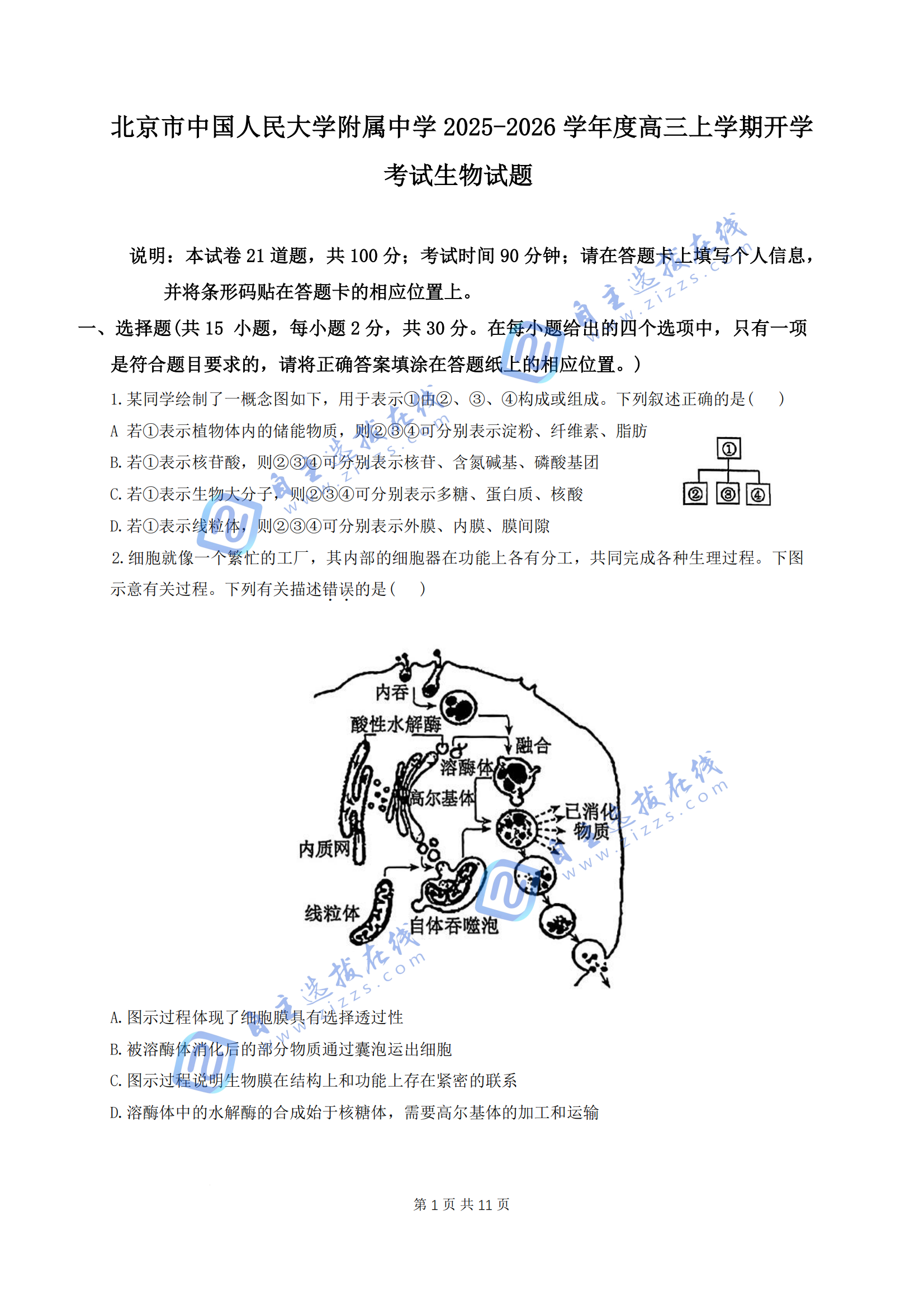 人大附中2026届高三开学考生物试题及答案
