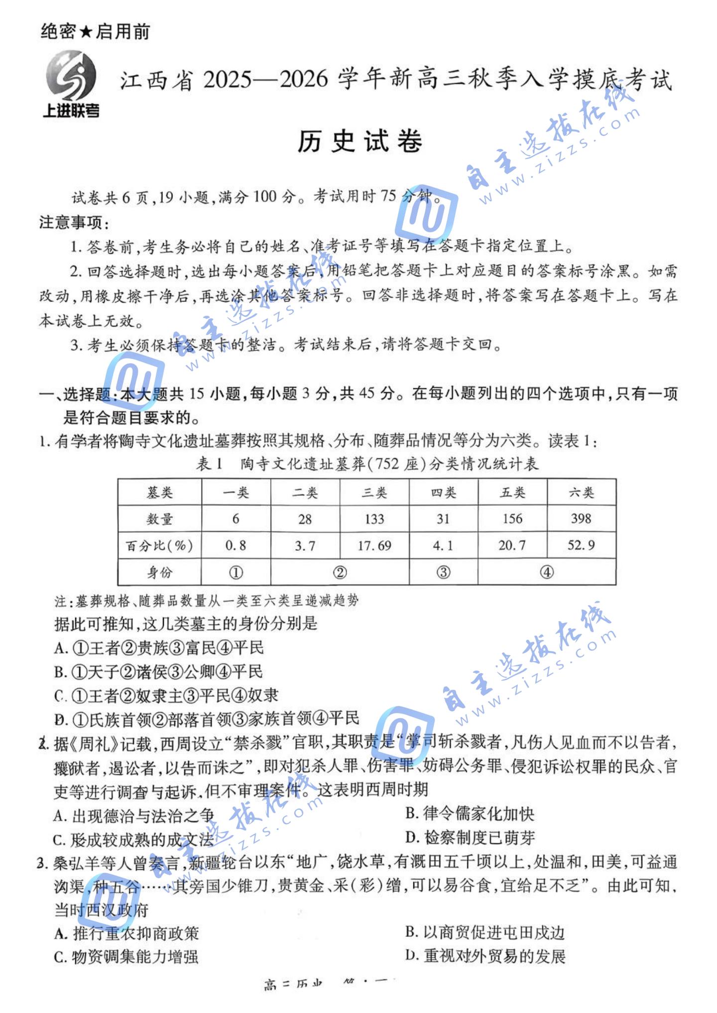 江西智慧上进稳派2026届高三开学考历史试题及答案