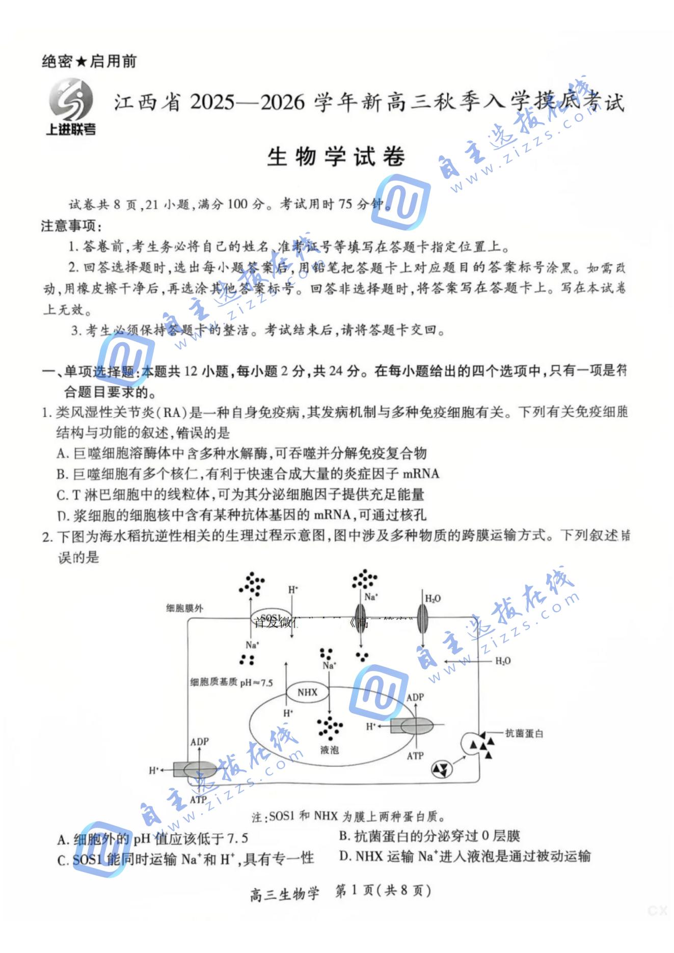 江西智慧上进稳派2026届高三开学考生物试题及答案