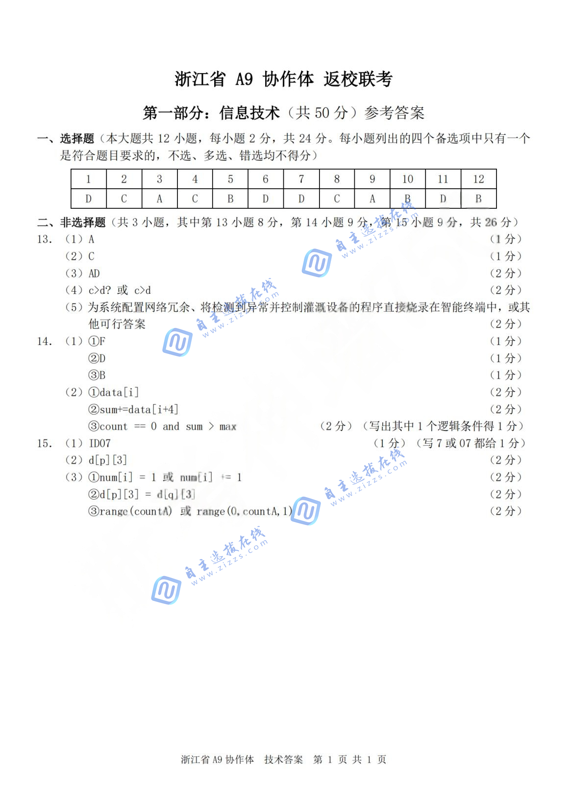 浙江A9协作体2026届高三暑假返校联考技术试题及答案