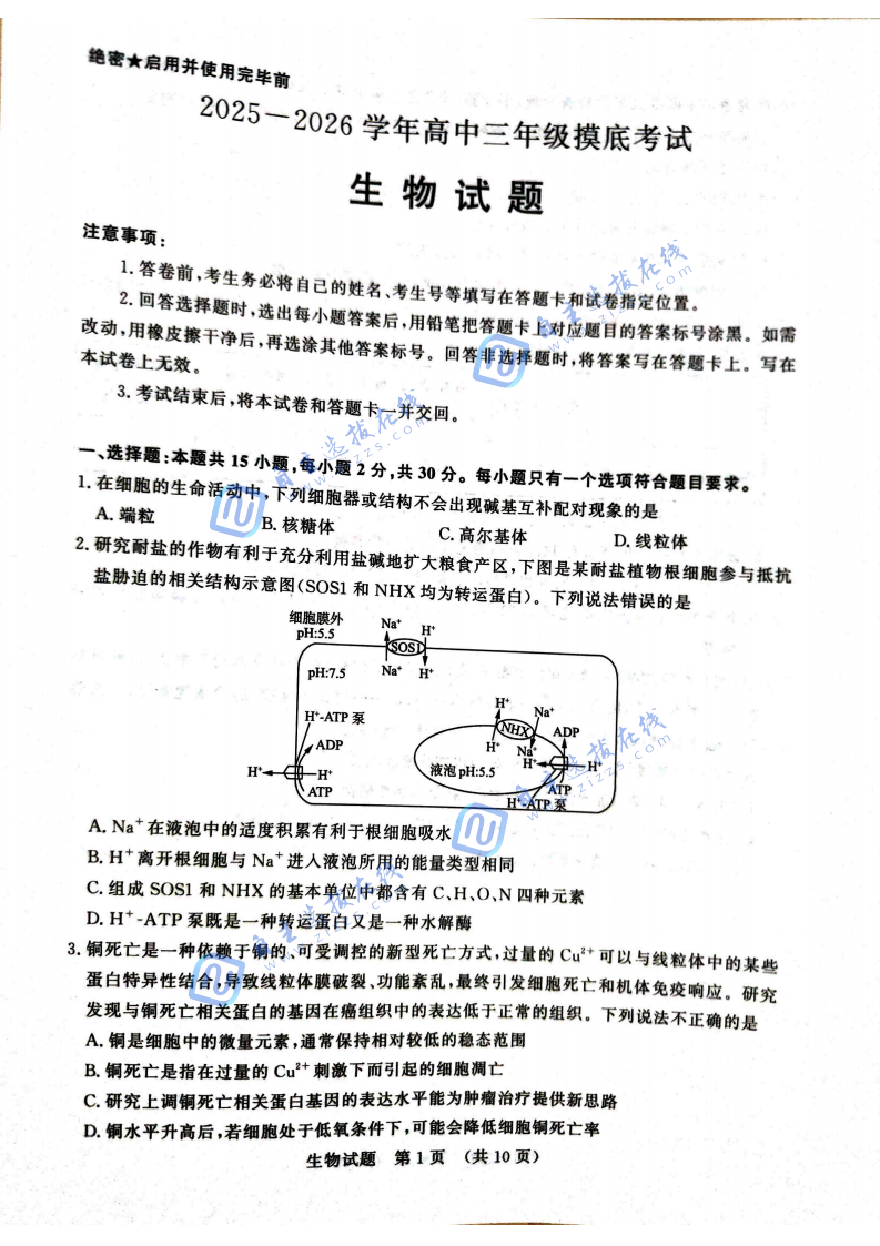 2026届济南高三9月开学考生物试题及答案
