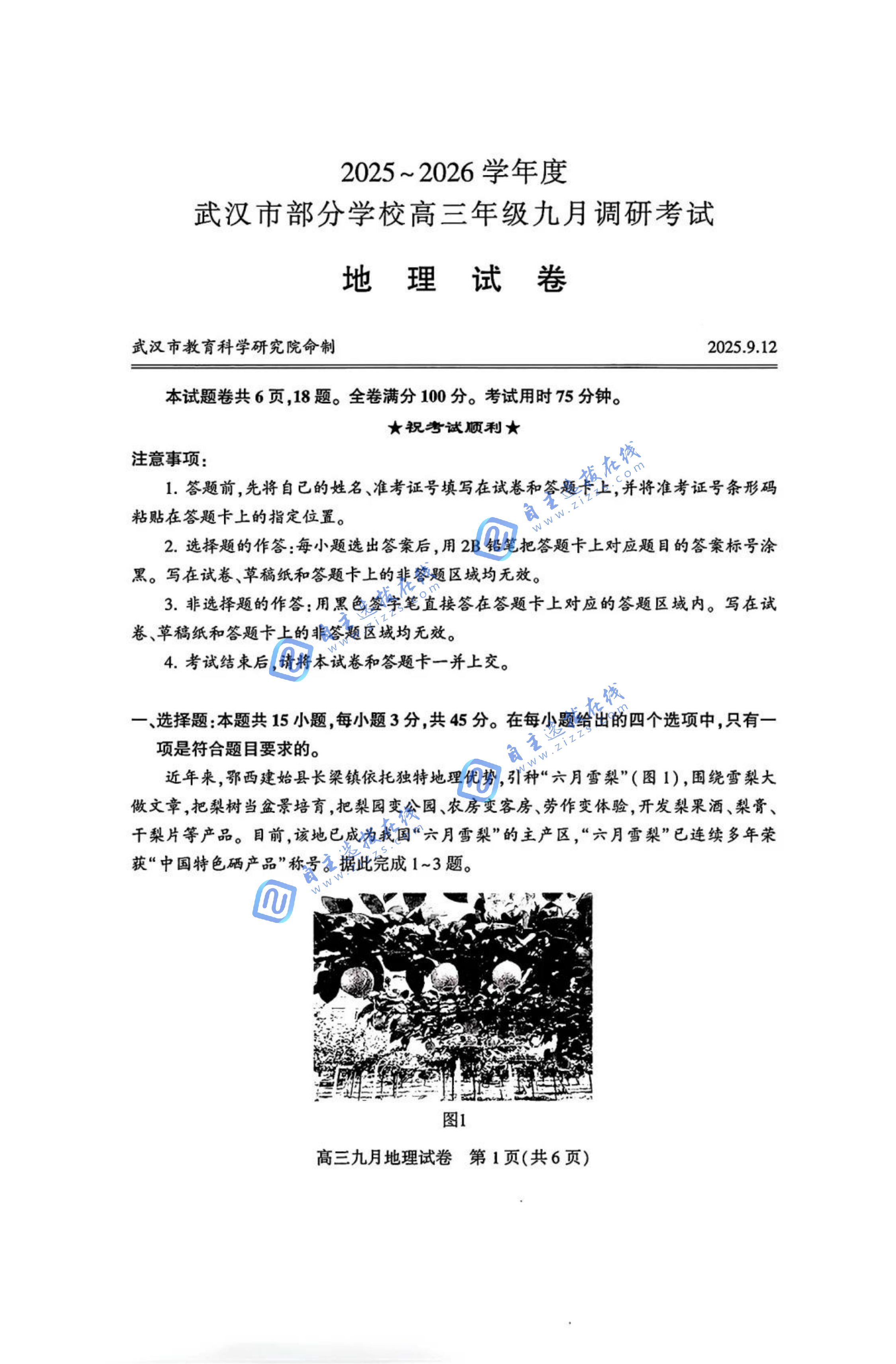 湖北武汉2026届高三九月调考（武汉九调）地理试题及答案