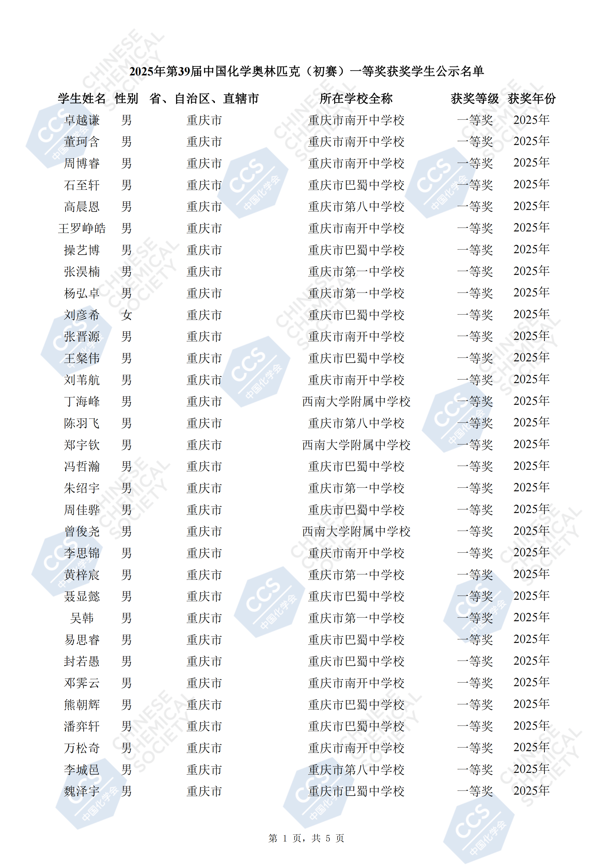 重庆市2025年中学生化学竞赛初赛省一等奖获奖名单