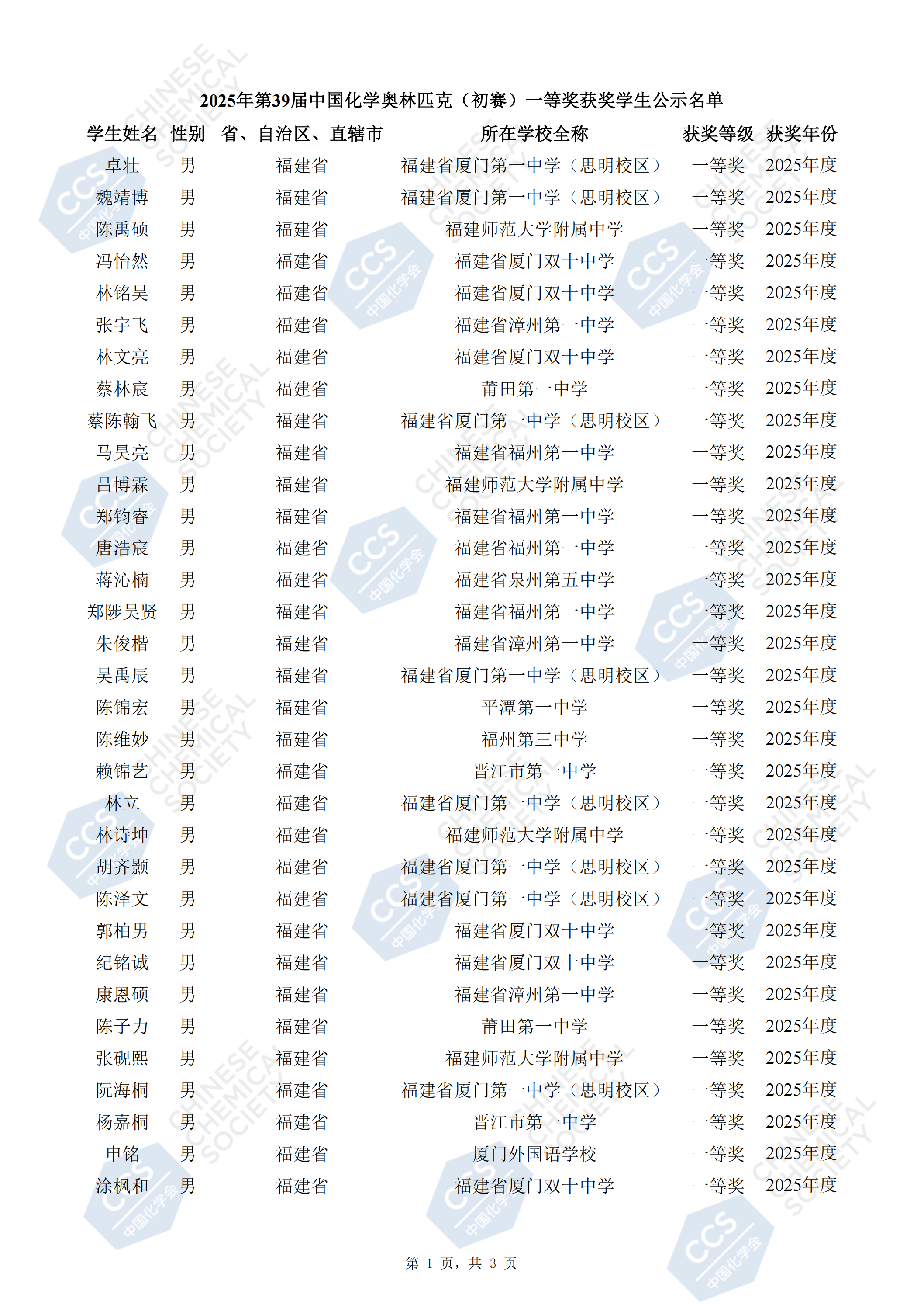 福建省2025年中学生化学竞赛初赛省一等奖获奖名单