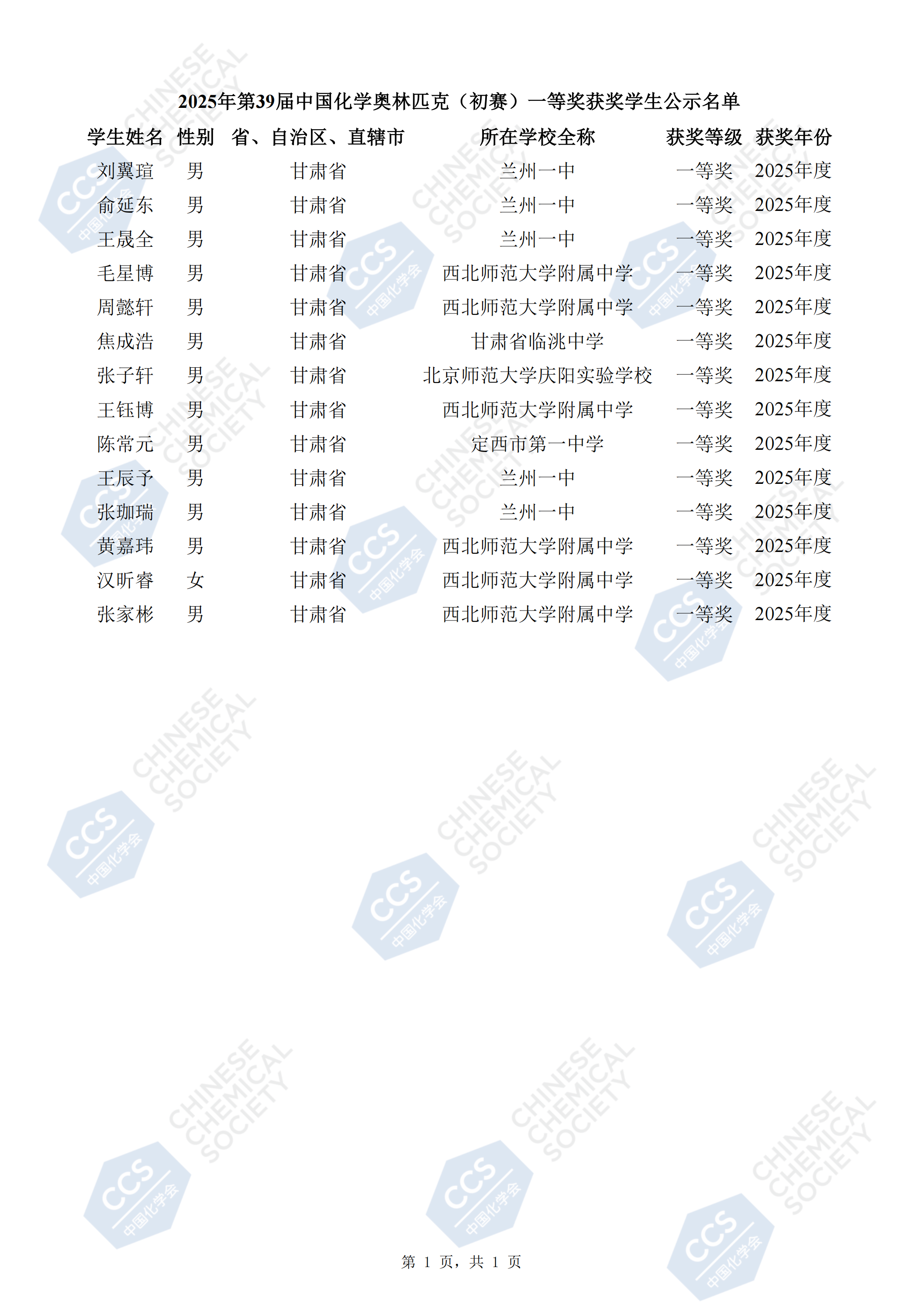 甘肃省2025年中学生化学竞赛初赛省一等奖获奖名单