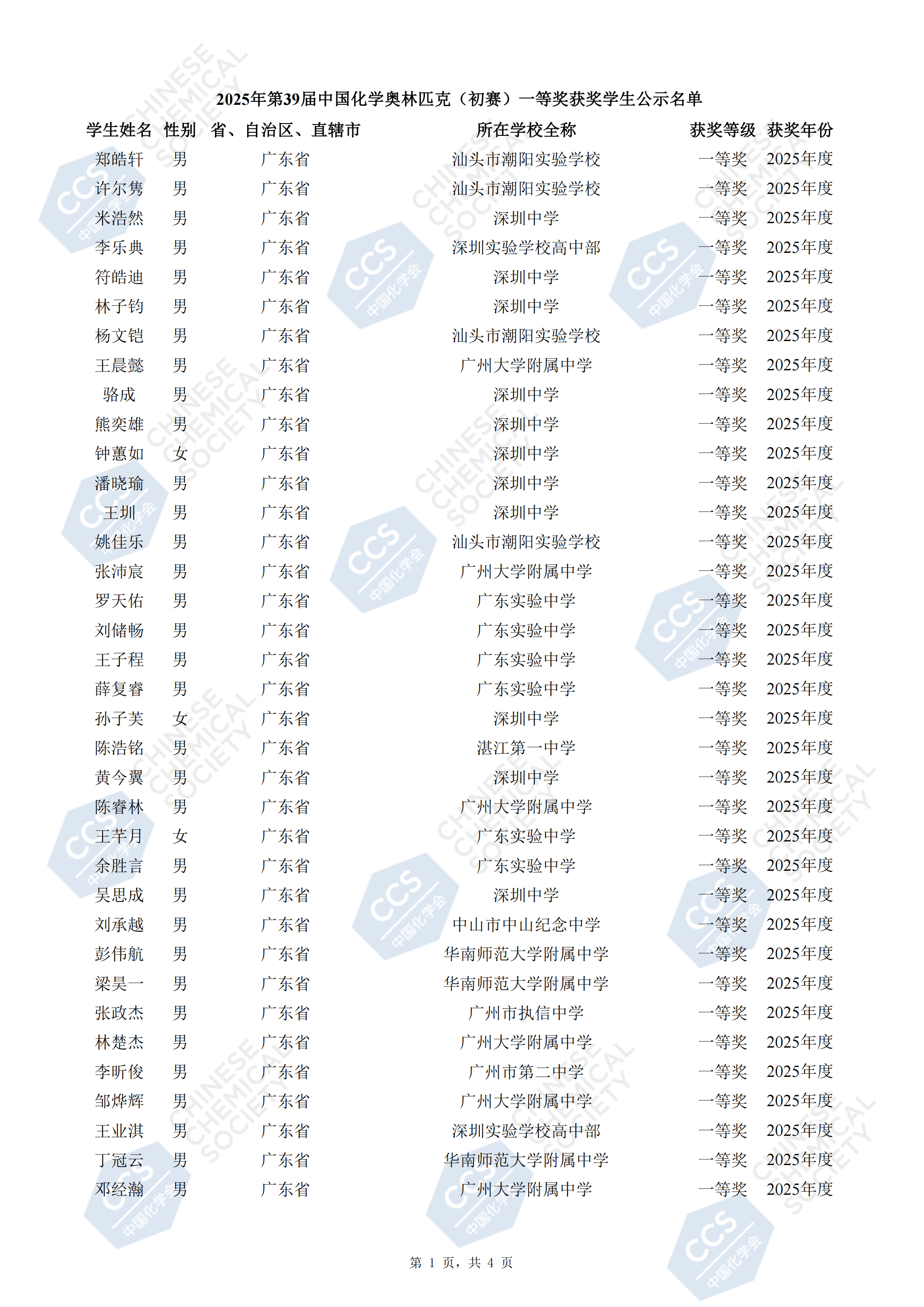 广东省2025年中学生化学竞赛初赛省一等奖获奖名单