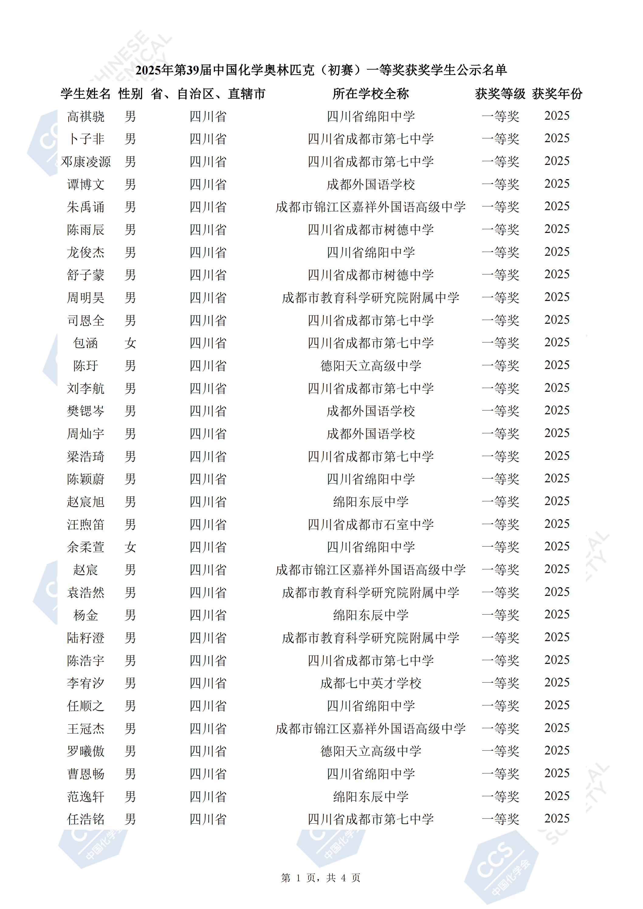 四川省2025年全國(guó)中學(xué)生化學(xué)競(jìng)賽初賽省一獲獎(jiǎng)名單