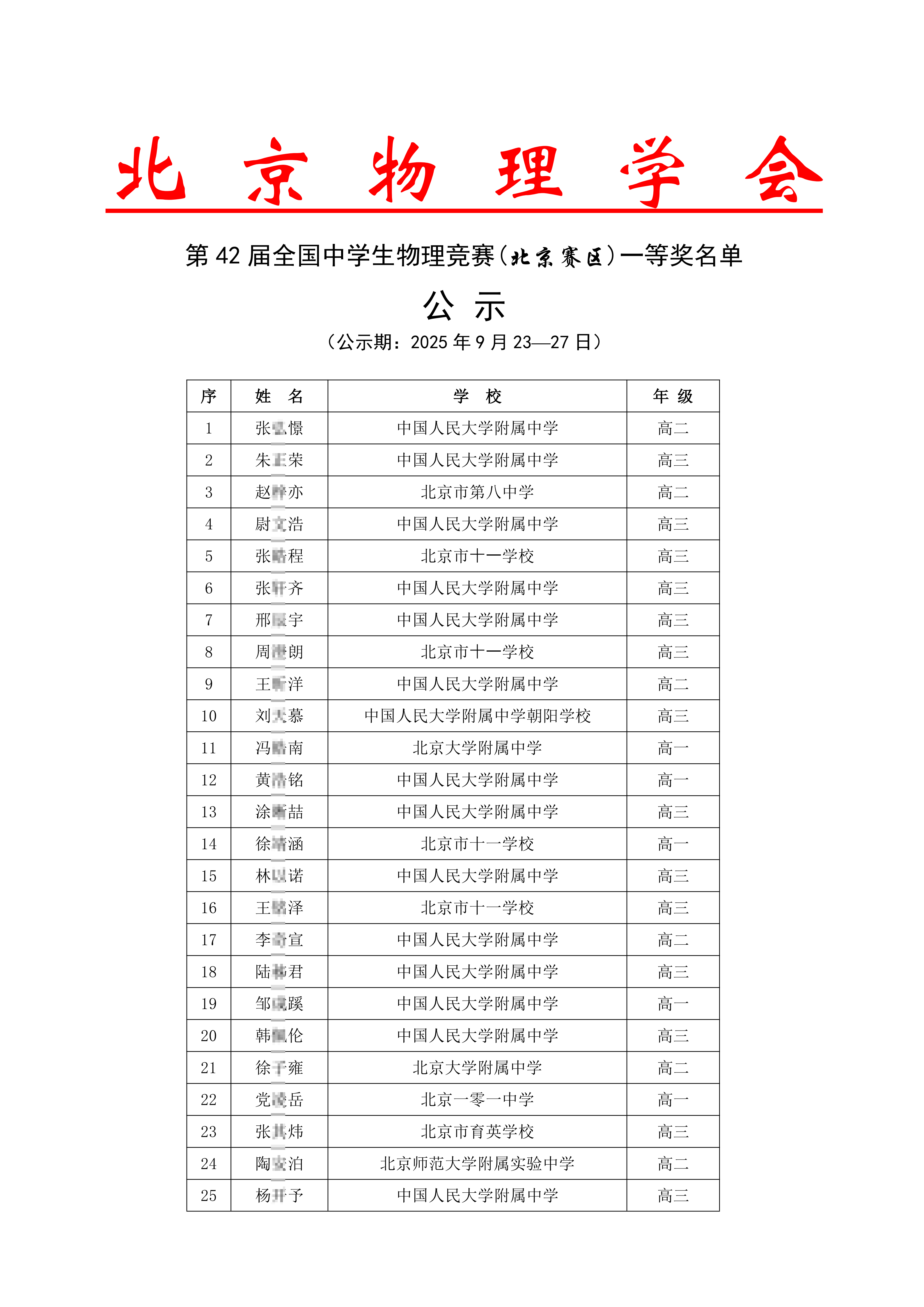 北京市2025中学生物理竞赛复赛省一获奖名单