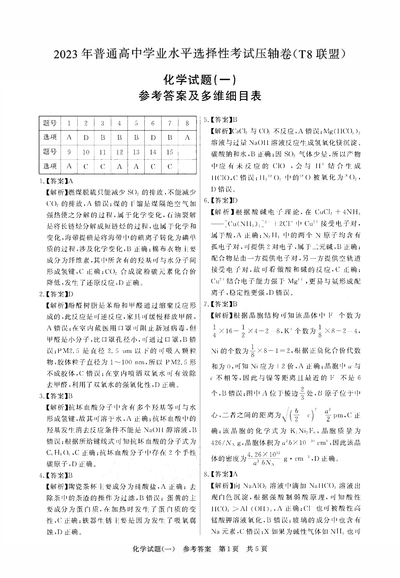 T8联盟2023年高考压轴卷化学试题答案（一）