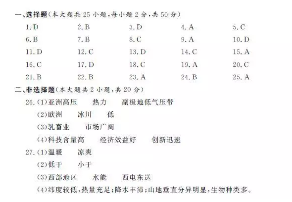 浙江省2019年6月学业水平考试地理试题参考答案