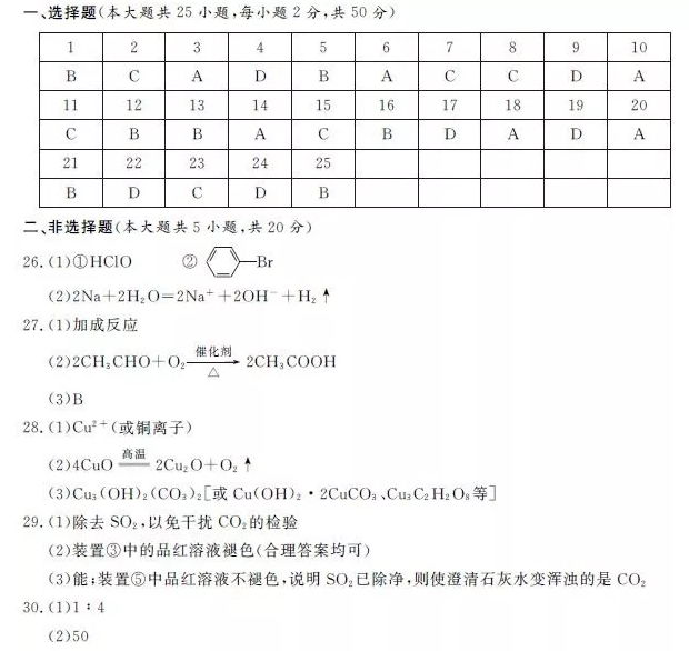 浙江省2019年6月学业水平考试化学试题参考答案