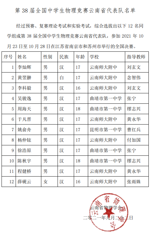 云南省2021年第38届全国中学生物理竞赛复赛省队名单